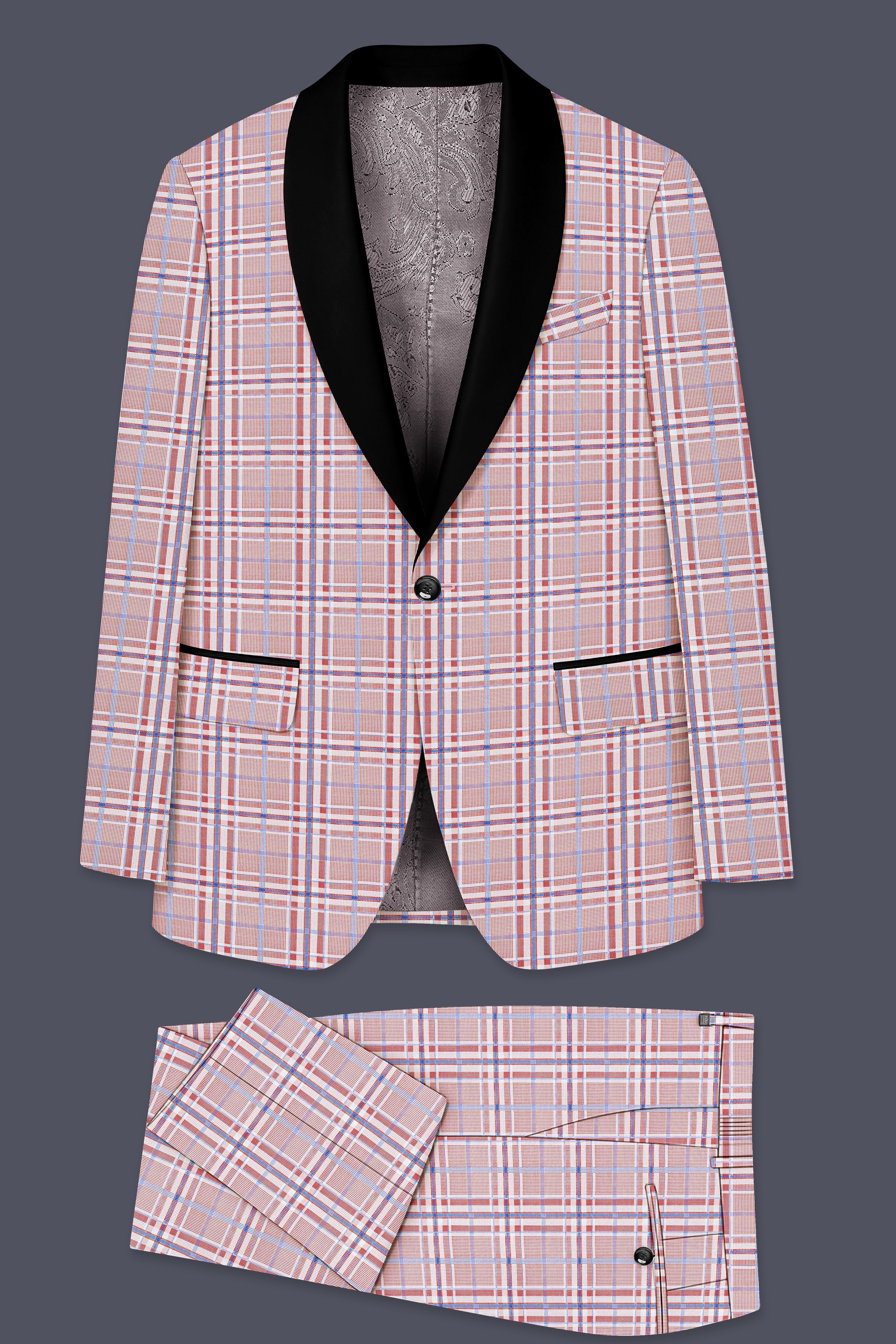 Velour-Turkish Rose Pink And Wild Blue Plaid Wool Rich Tuxedo Suit