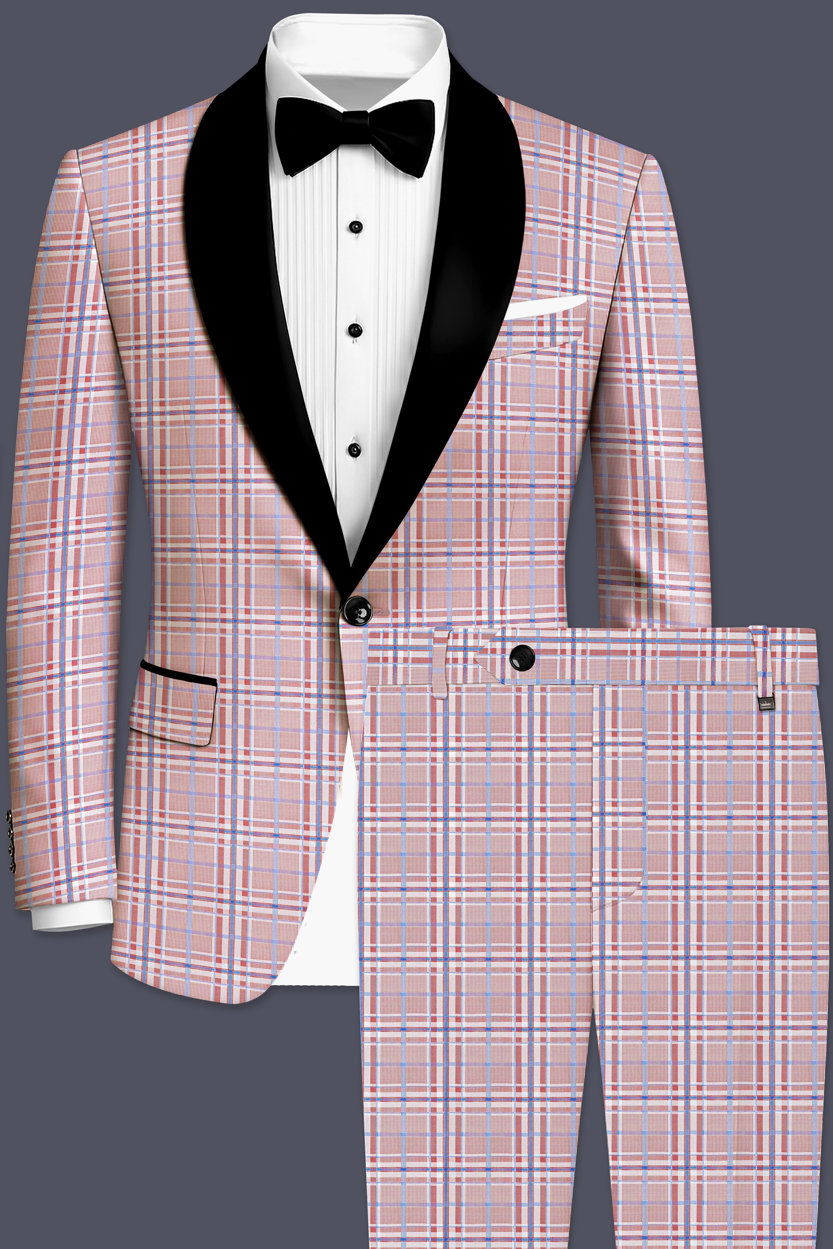 Velour-Turkish Rose Pink And Wild Blue Plaid Wool Rich Tuxedo Suit