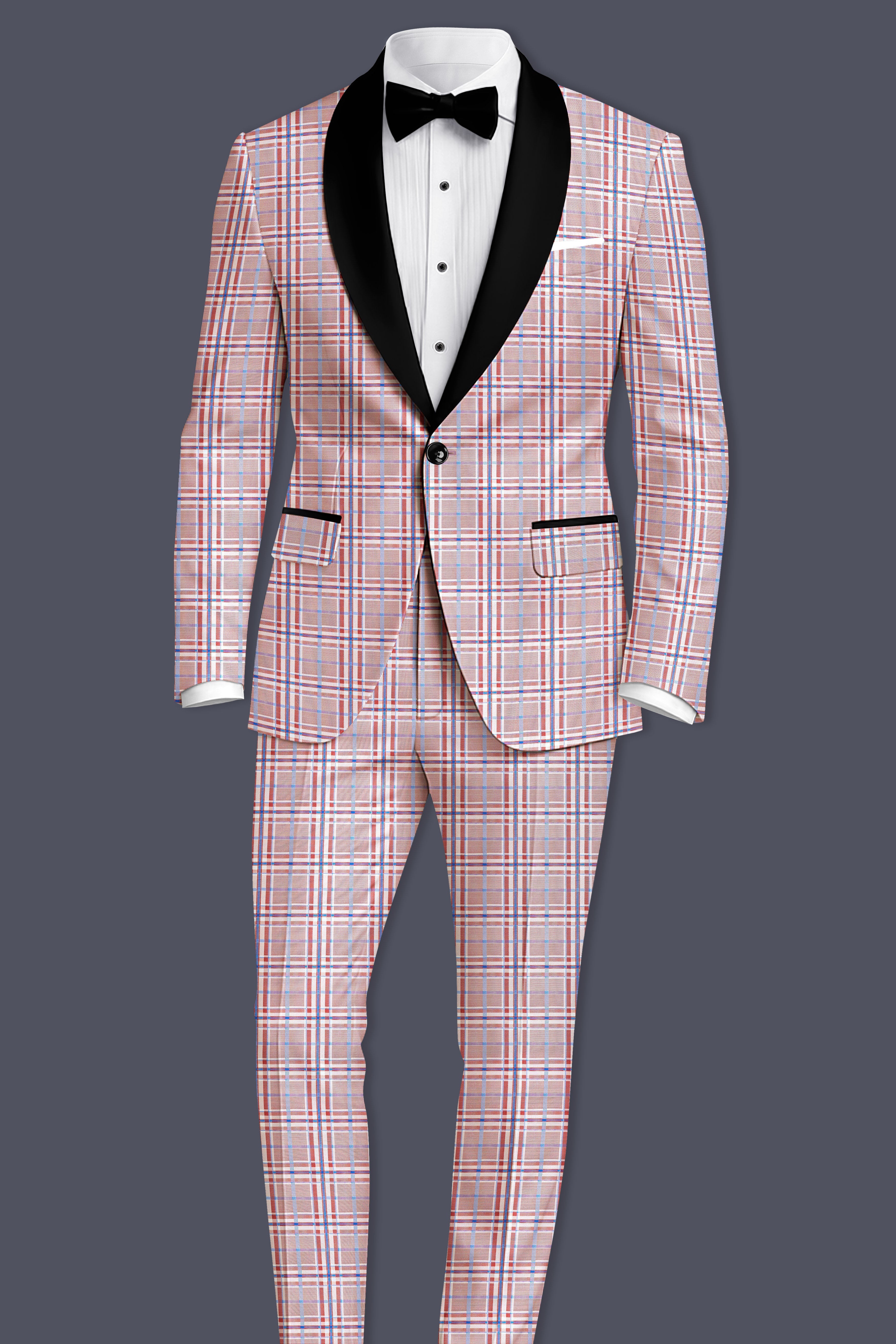 Velour-Turkish Rose Pink And Wild Blue Plaid Wool Rich Tuxedo Suit