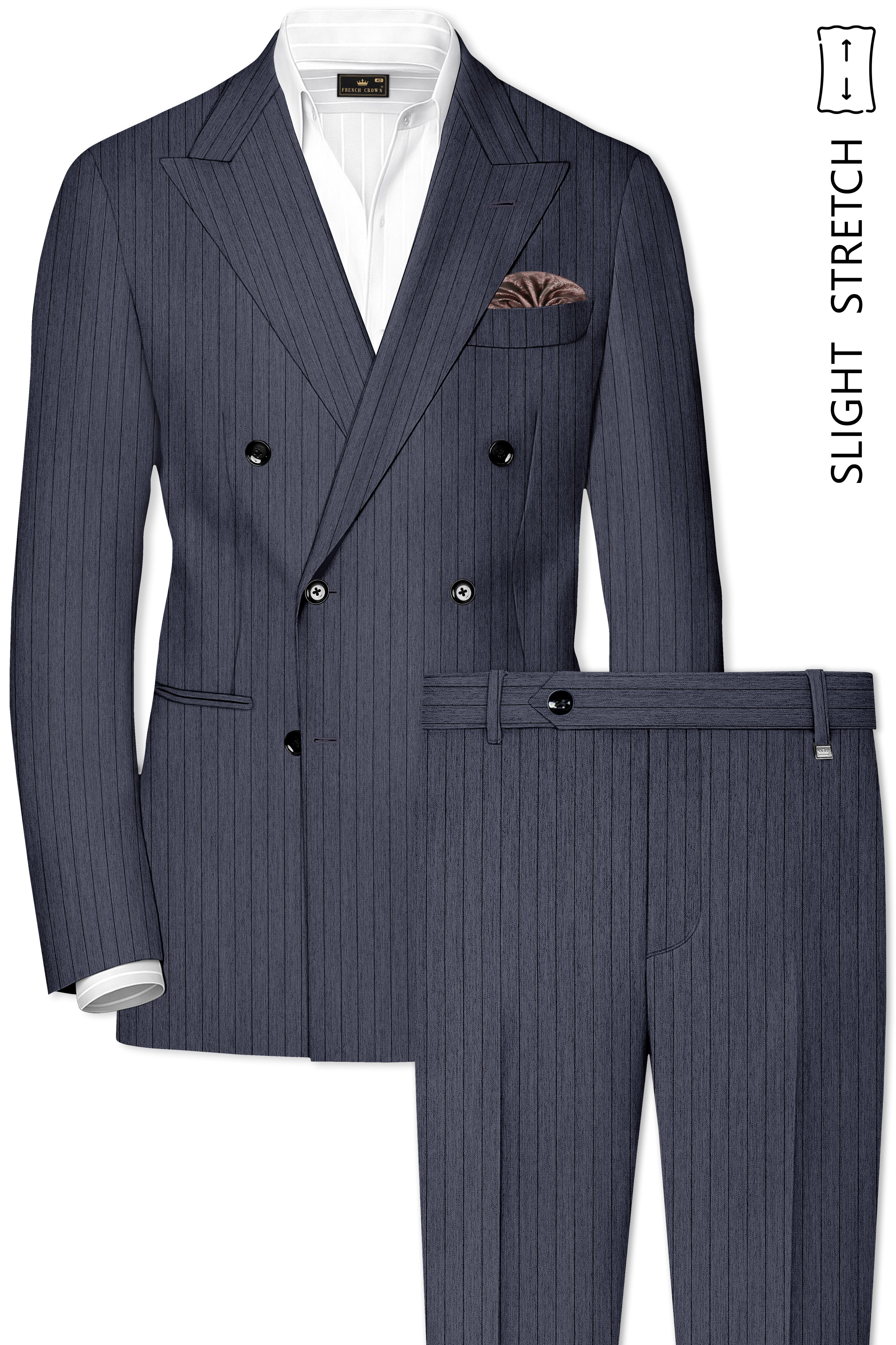 Azurion-Ninja Blue Pin Striped Wool Rich Slight Stretch Double Breasted Suit
