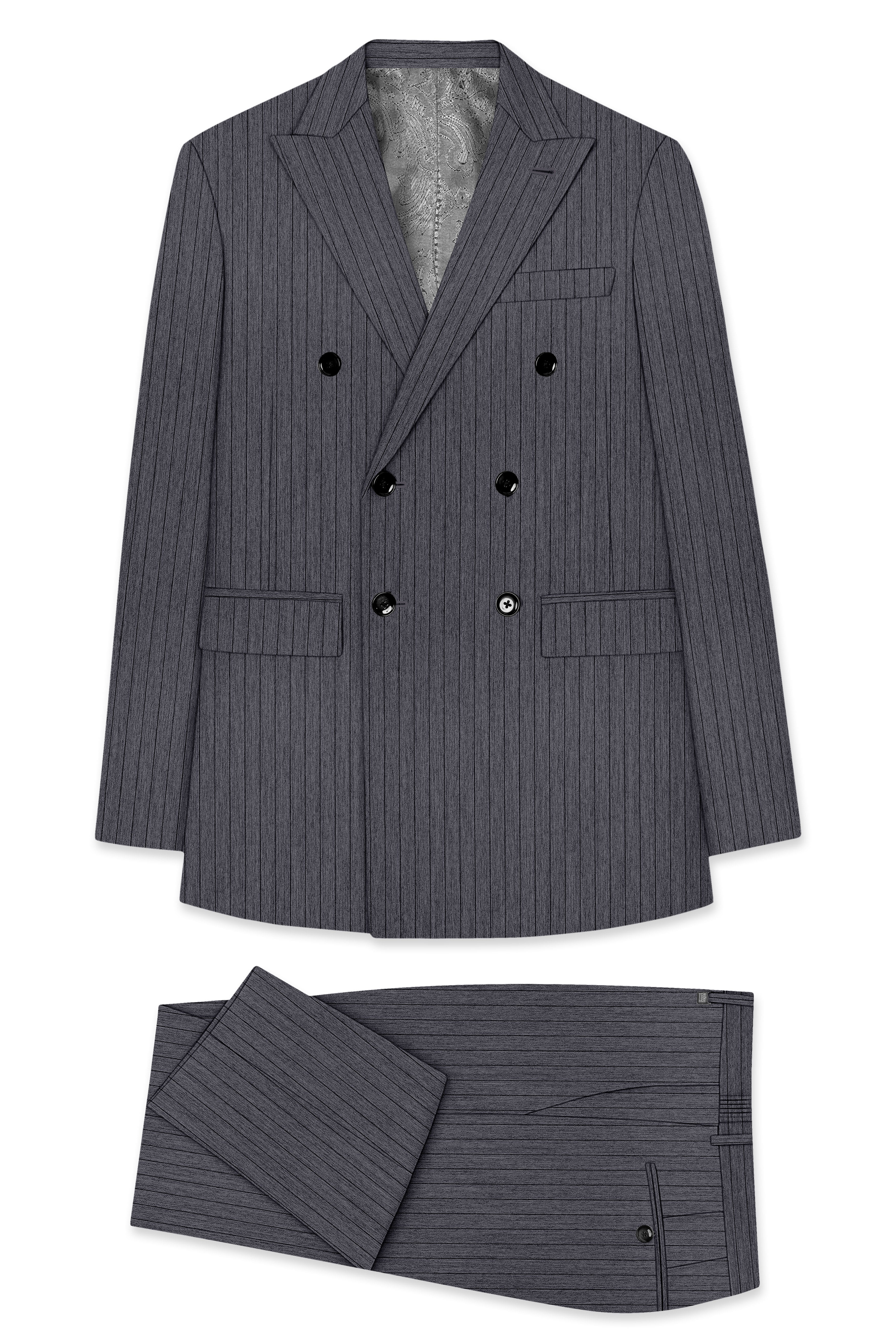 Noctaro-Vampire Gray Pin Striped Wool Rich Slight Stretch Double Breasted Suit