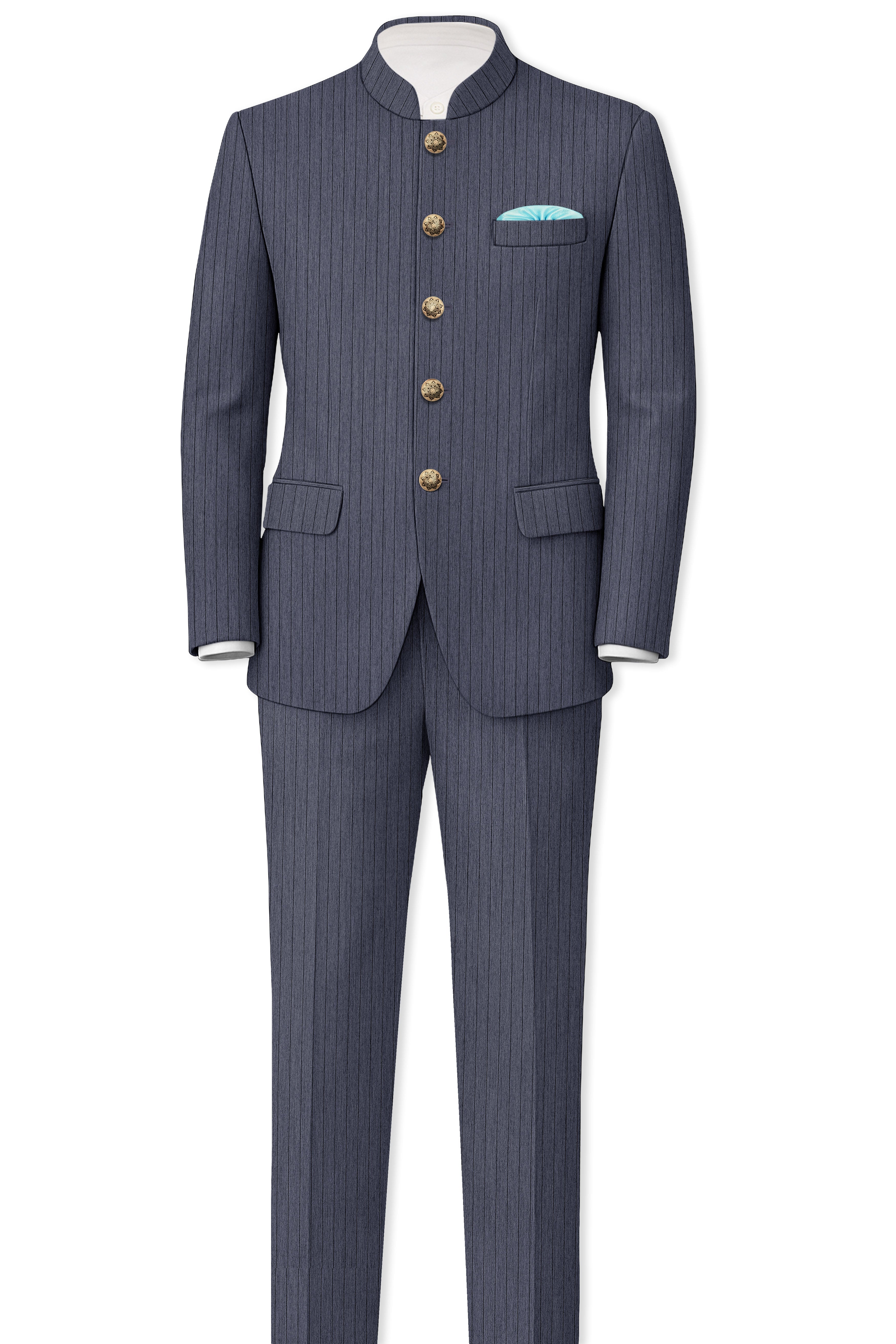 Azurion-Ninja Blue Pin Striped Wool Rich Slight Stretch Bandhgala Suit