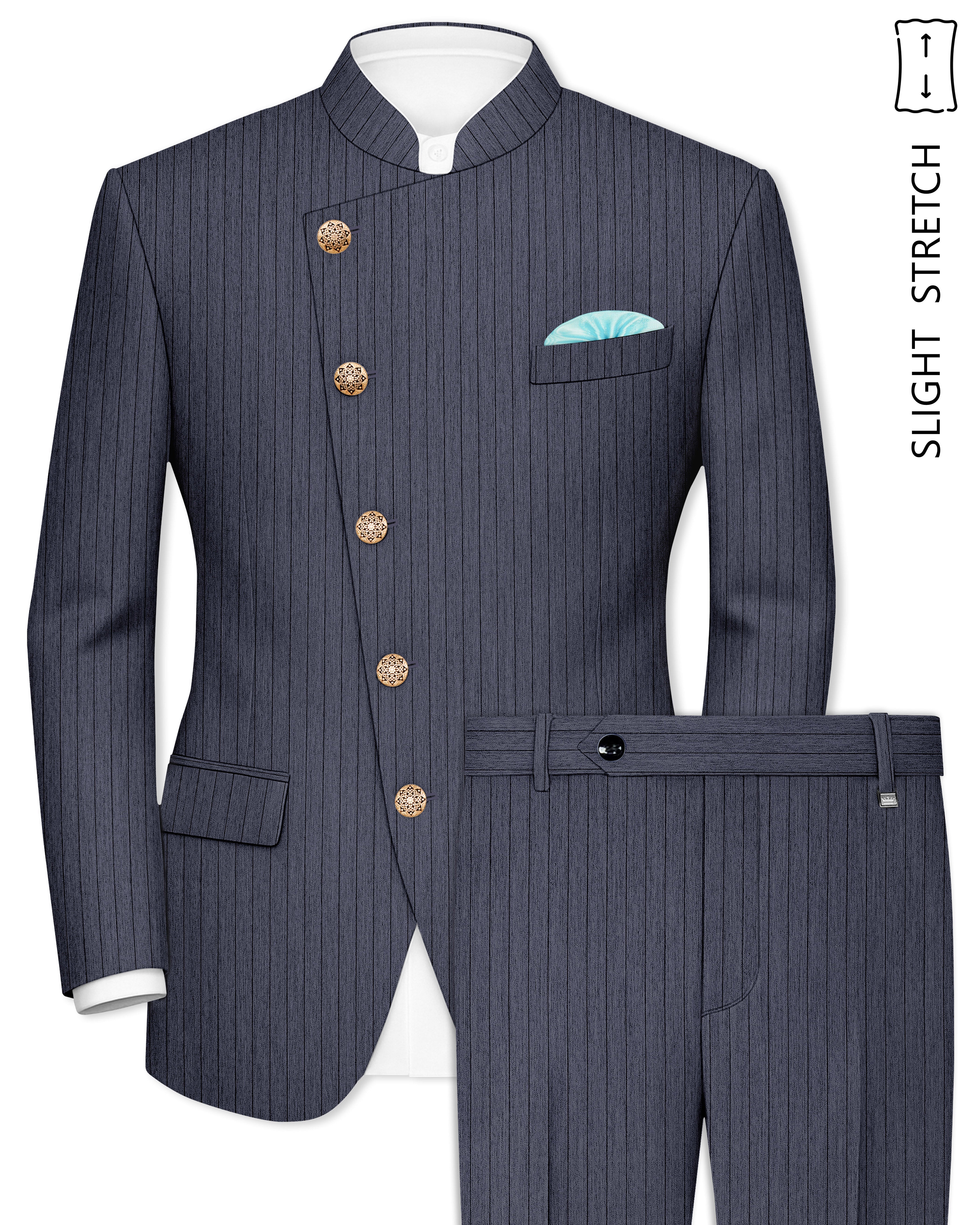 Azurion-Ninja Blue Pin Striped Wool Rich Cross Placket Bandhgala Slight Stretch Suit