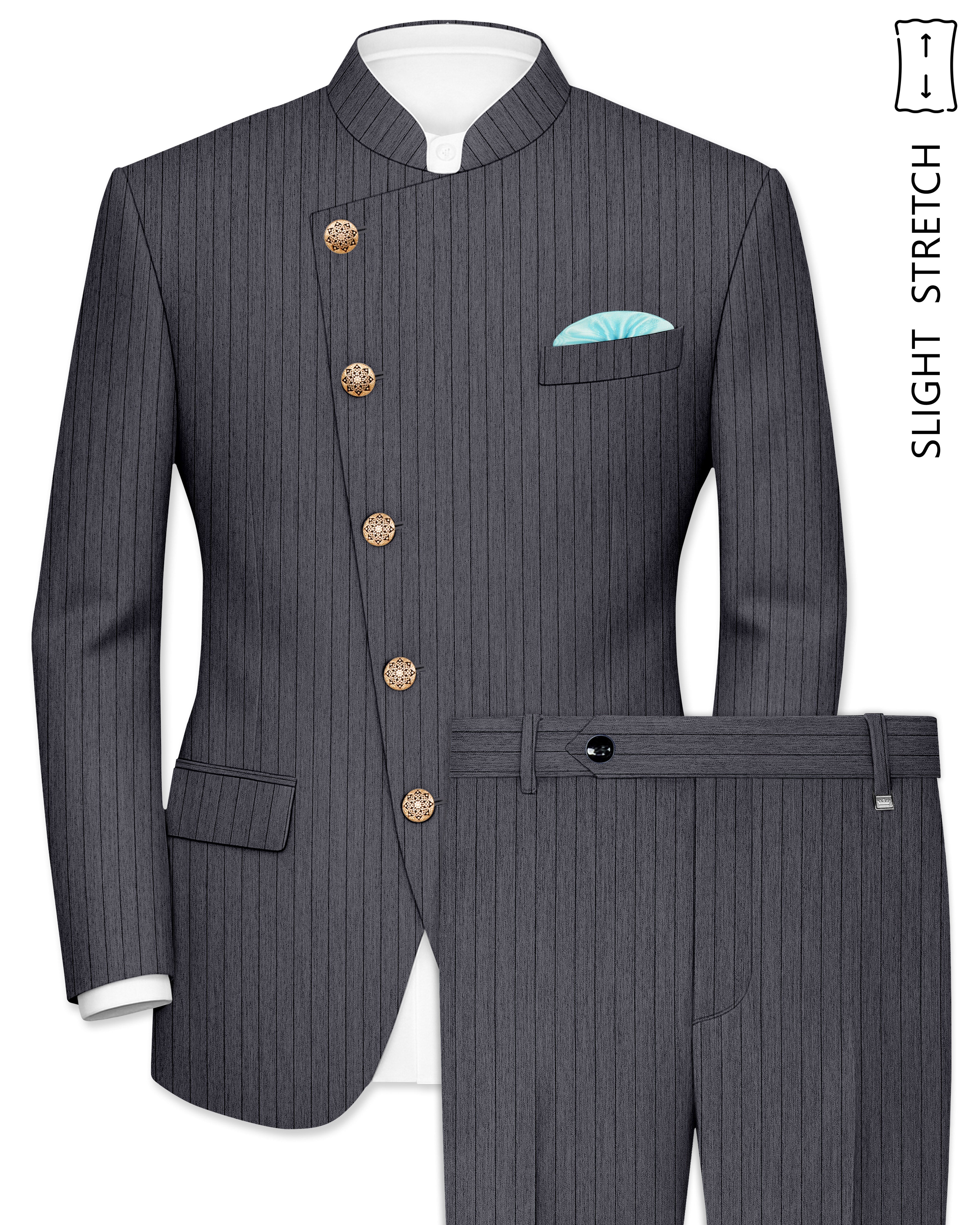 Noctaro-Vampire Gray Pin Striped Wool Rich Cross Placket Bandhgala Slight Stretch Suit