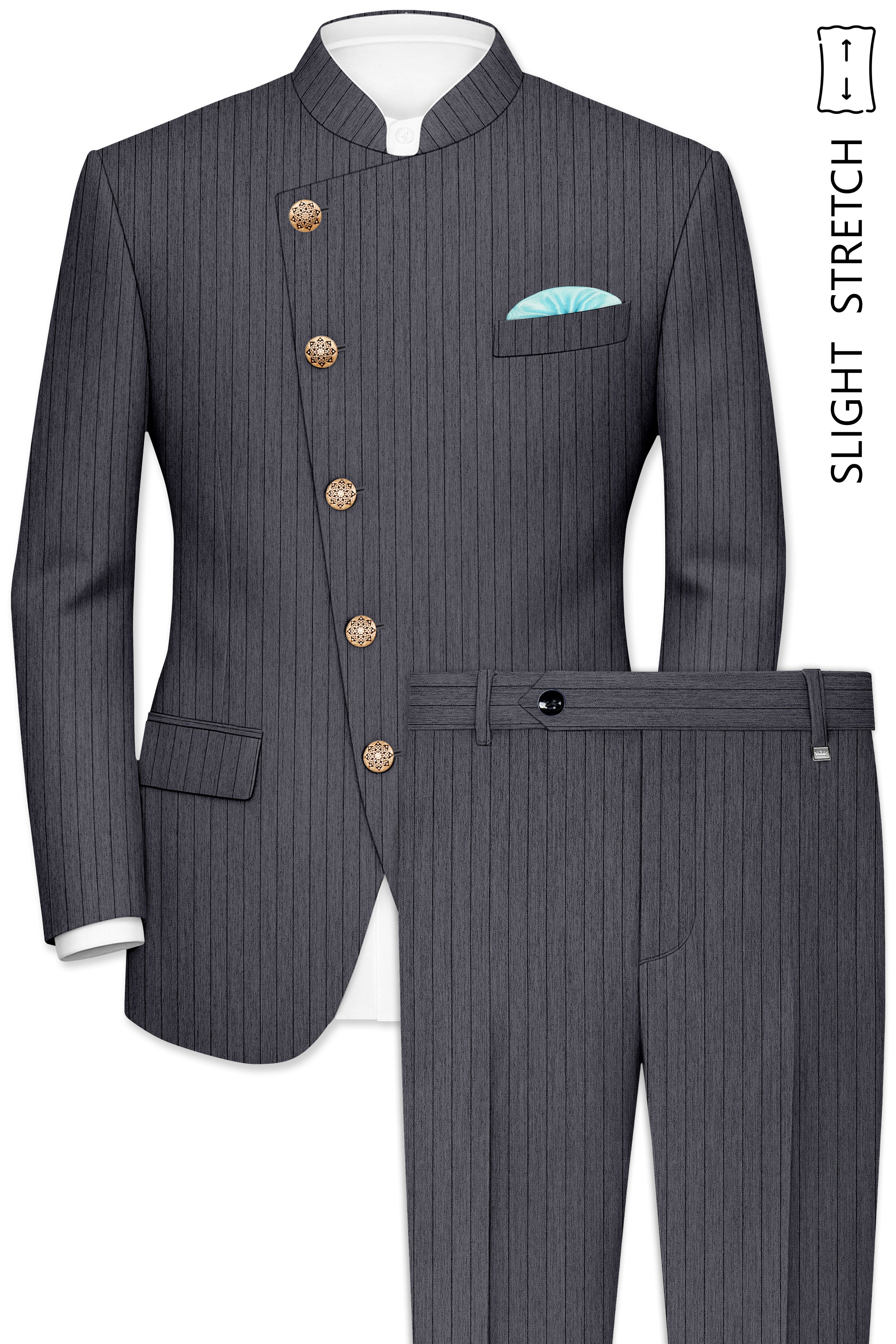 Noctaro-Vampire Gray Pin Striped Wool Rich Cross Placket Bandhgala Slight Stretch Suit