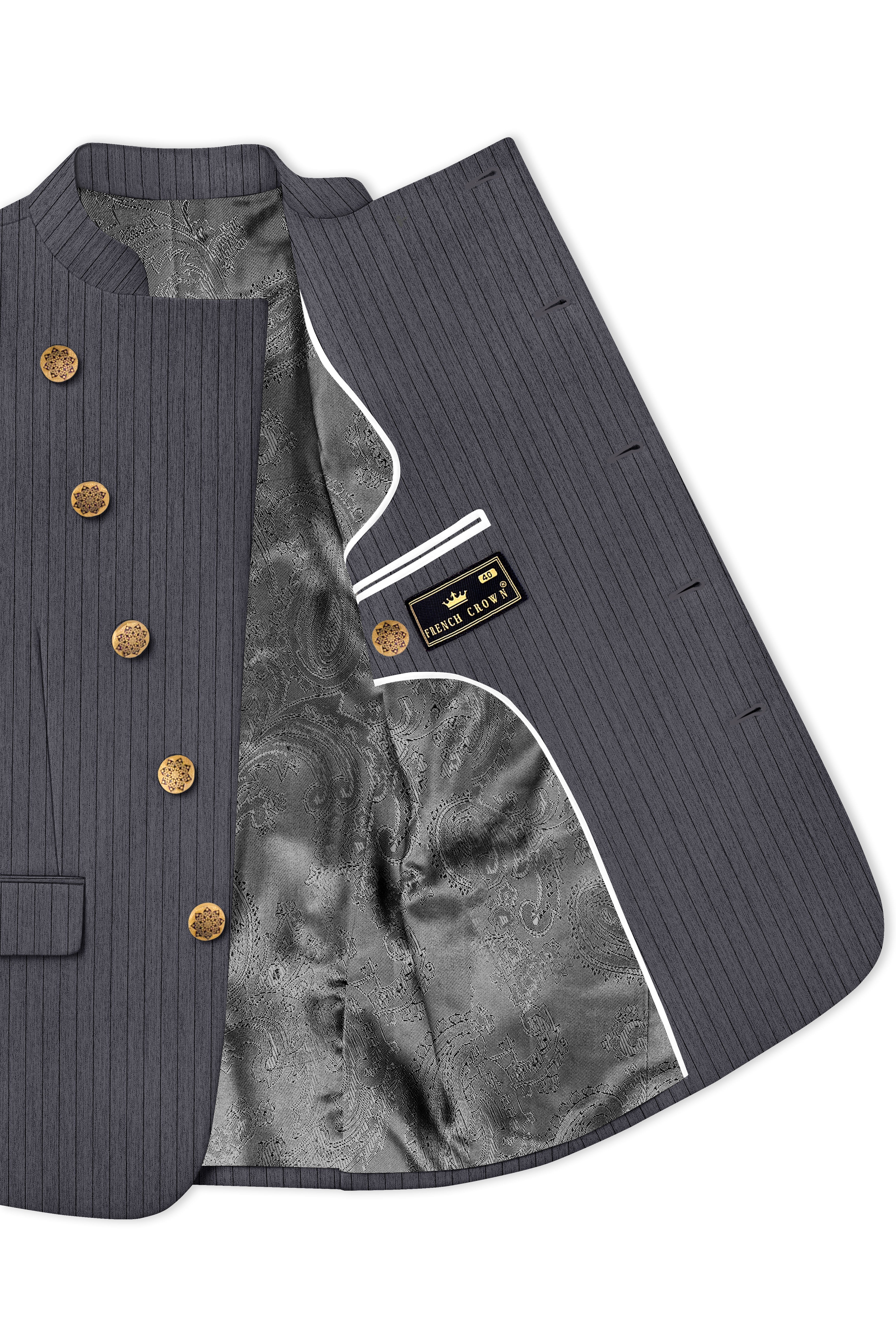 Noctaro-Vampire Gray Pin Striped Wool Rich Cross Placket Bandhgala Slight Stretch Suit