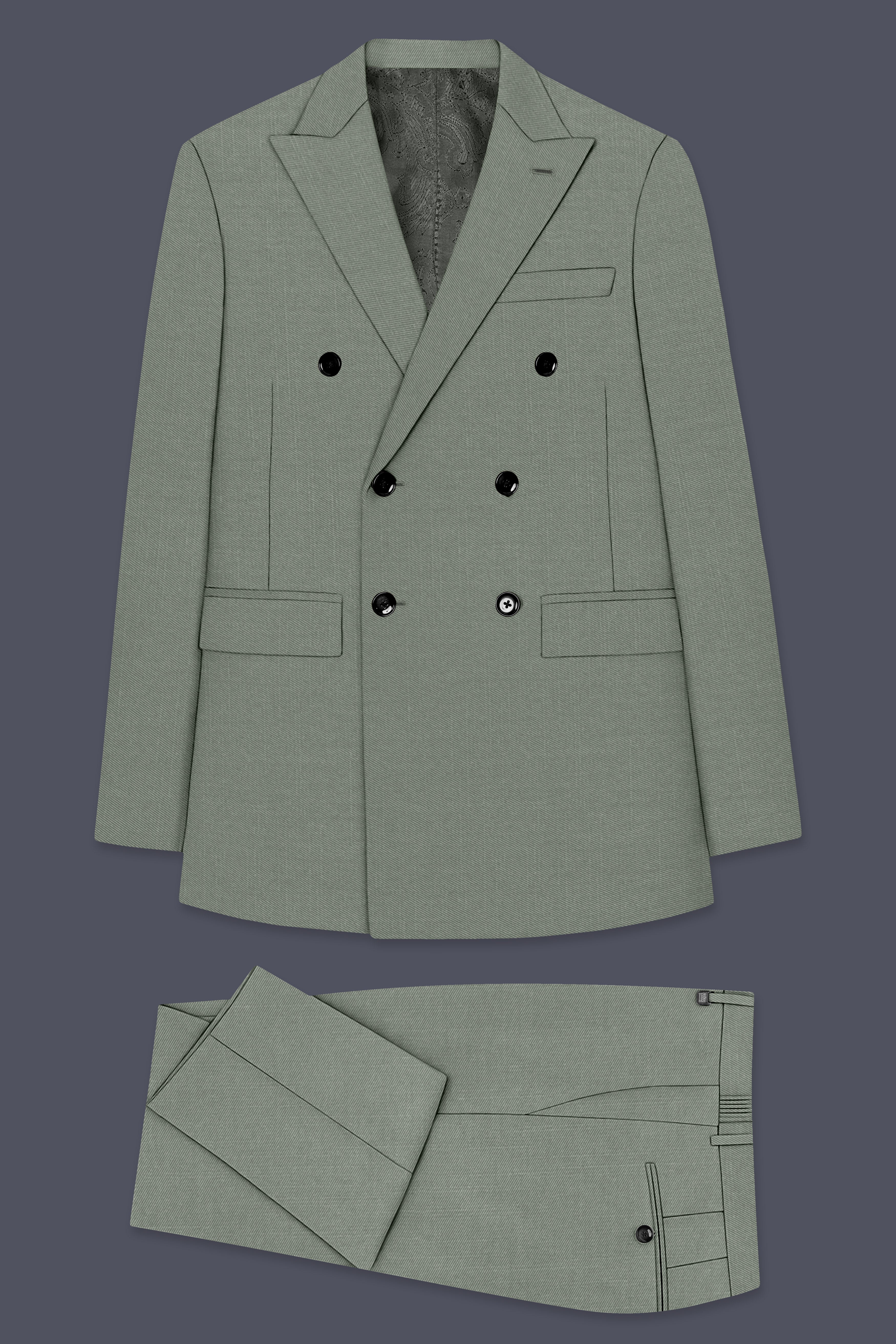 Sage-Smokey Green Wool Rich Slight Stretch Double Breasted Suit