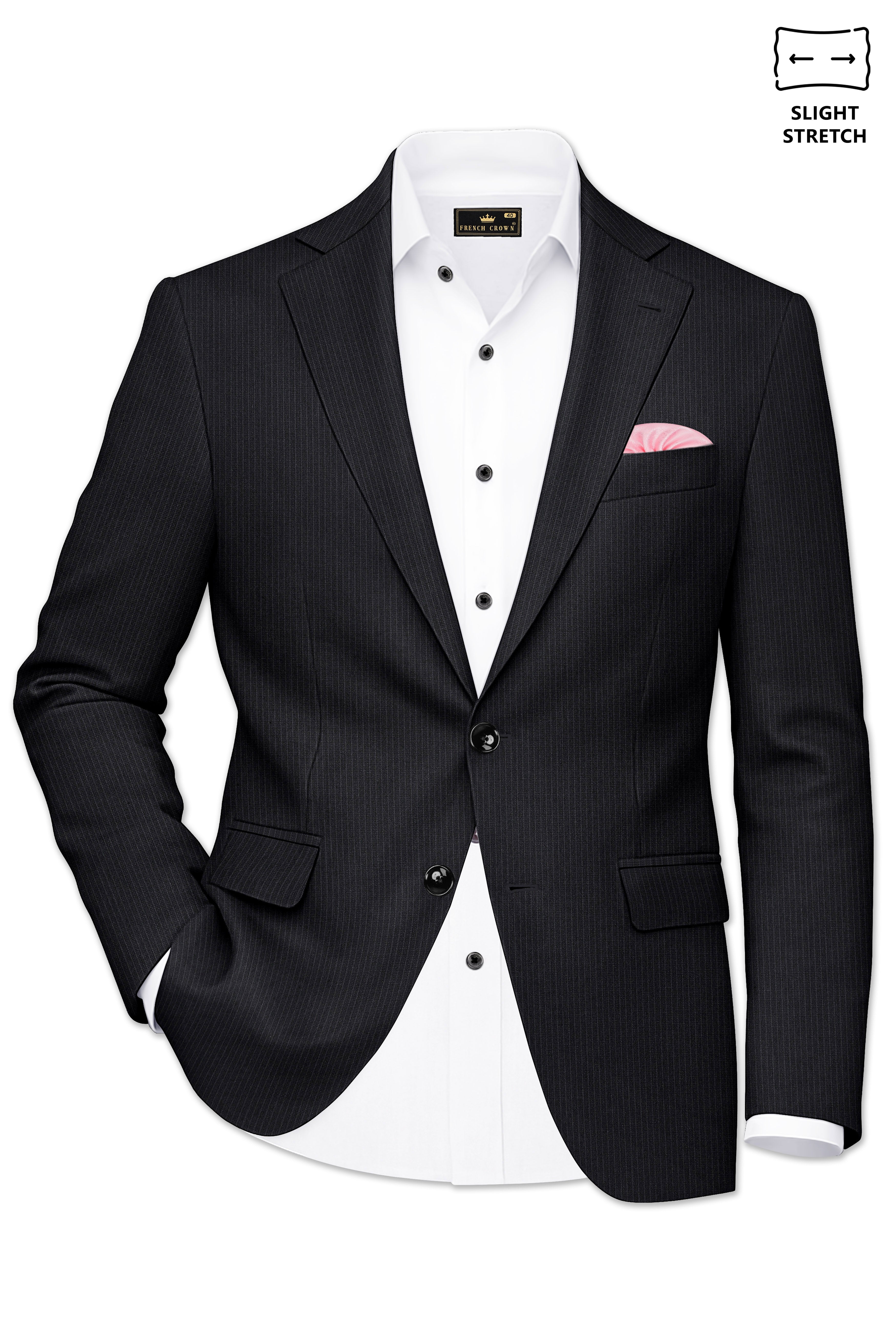 Noir-Jade Black Pencil Striped Wool Rich Slight Stretch Single Breasted Suit