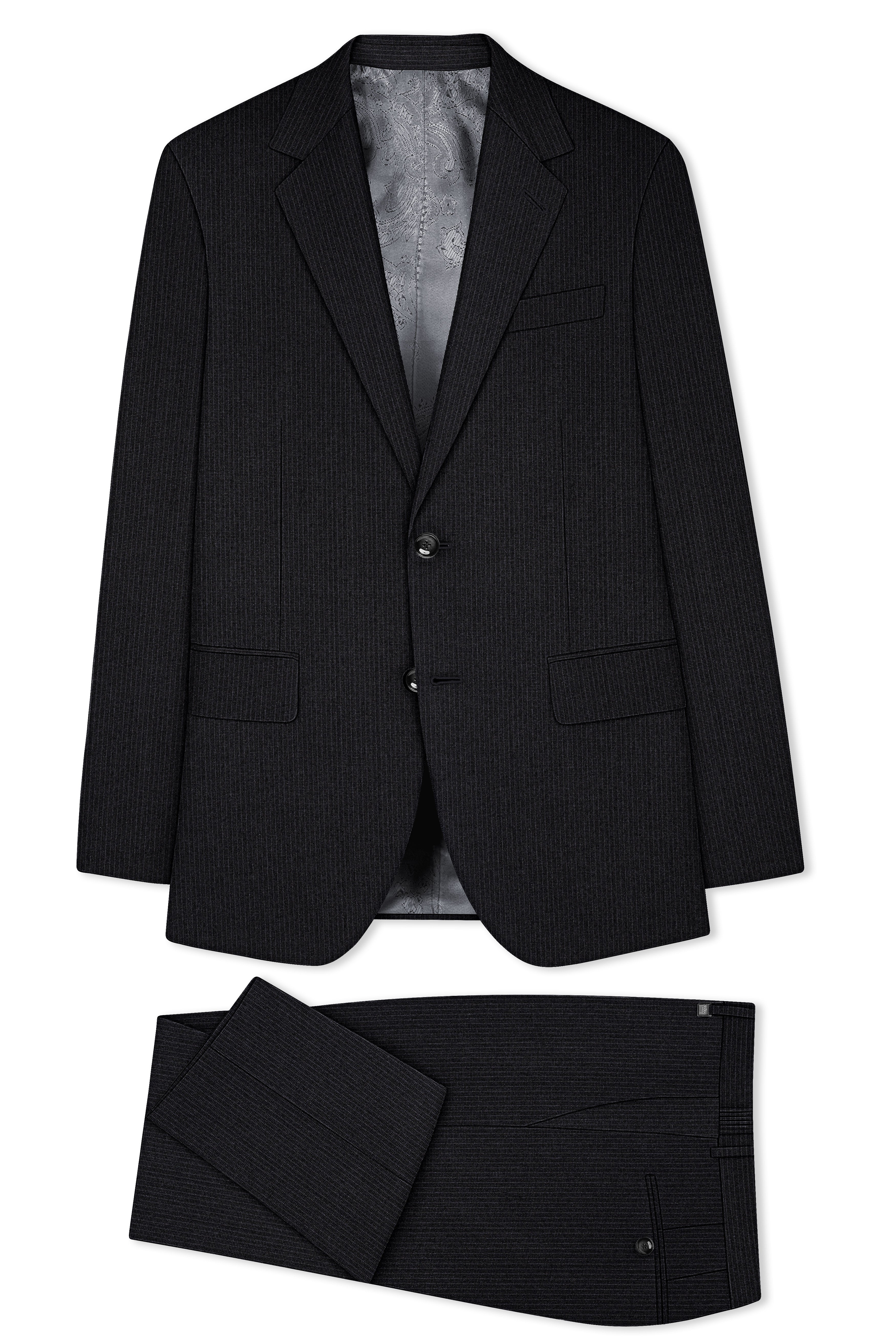 Noir-Jade Black Pencil Striped Wool Rich Slight Stretch Single Breasted Suit
