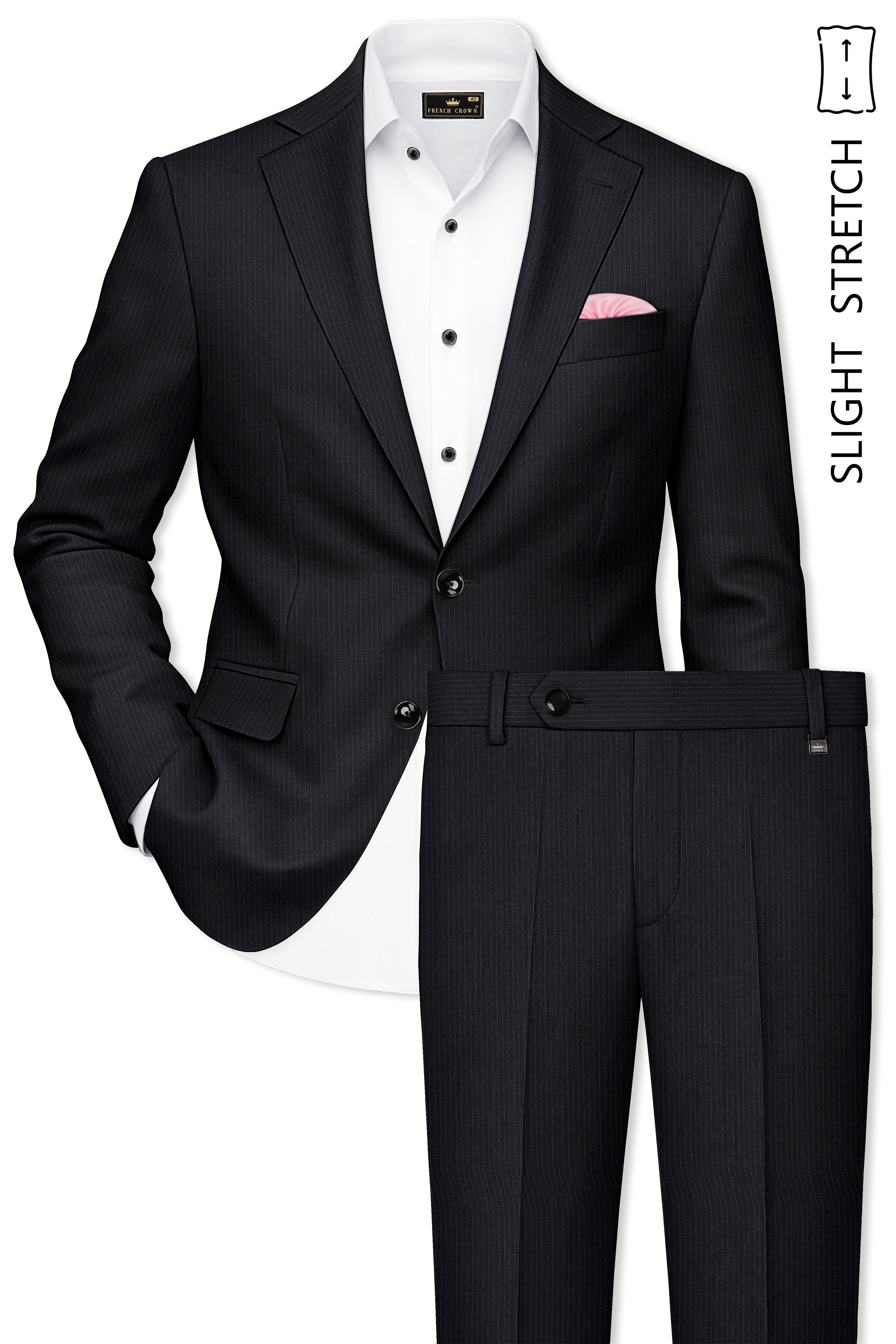 Noir-Jade Black Pencil Striped Wool Rich Slight Stretch Single Breasted Suit