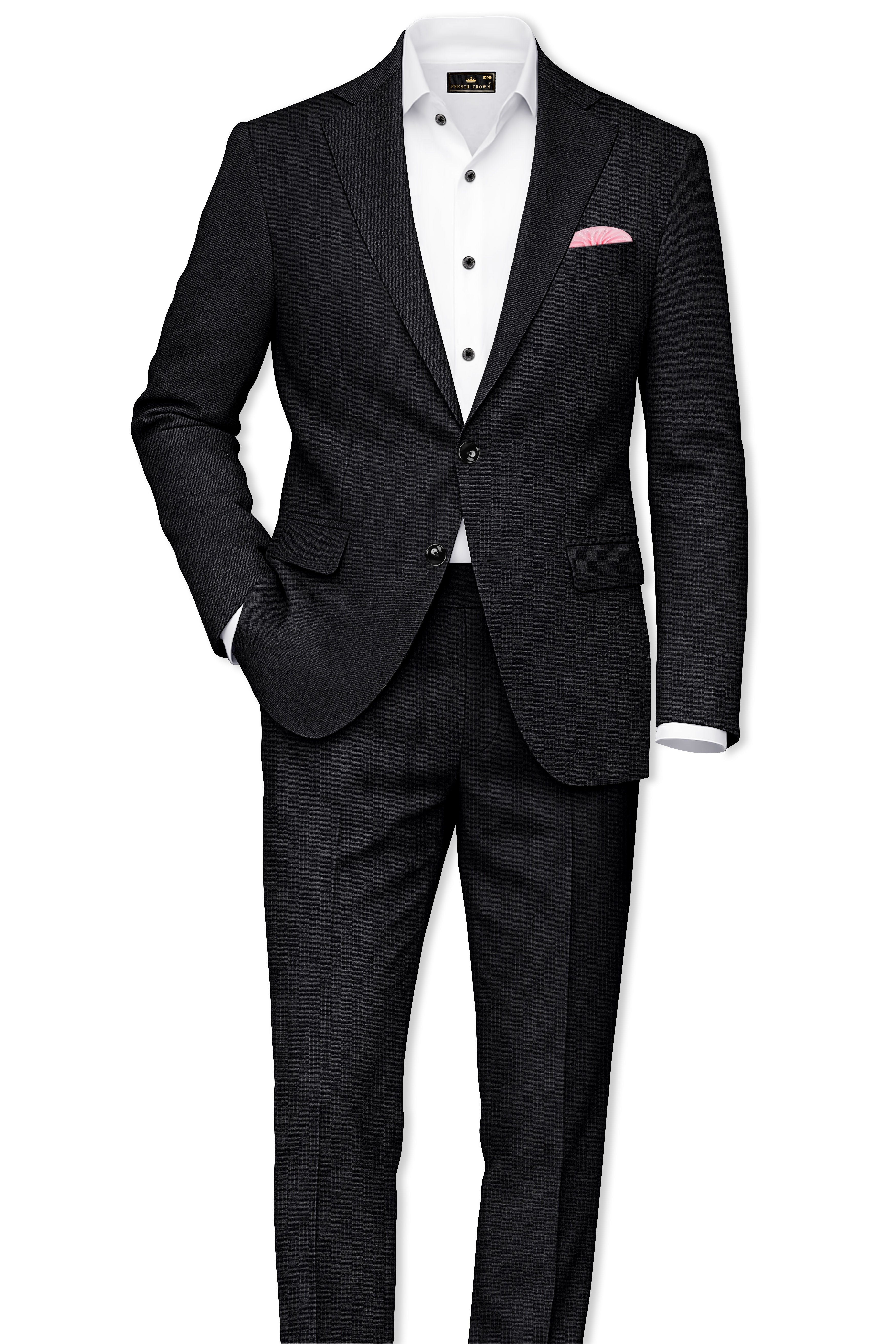 Noir-Jade Black Pencil Striped Wool Rich Slight Stretch Single Breasted Suit