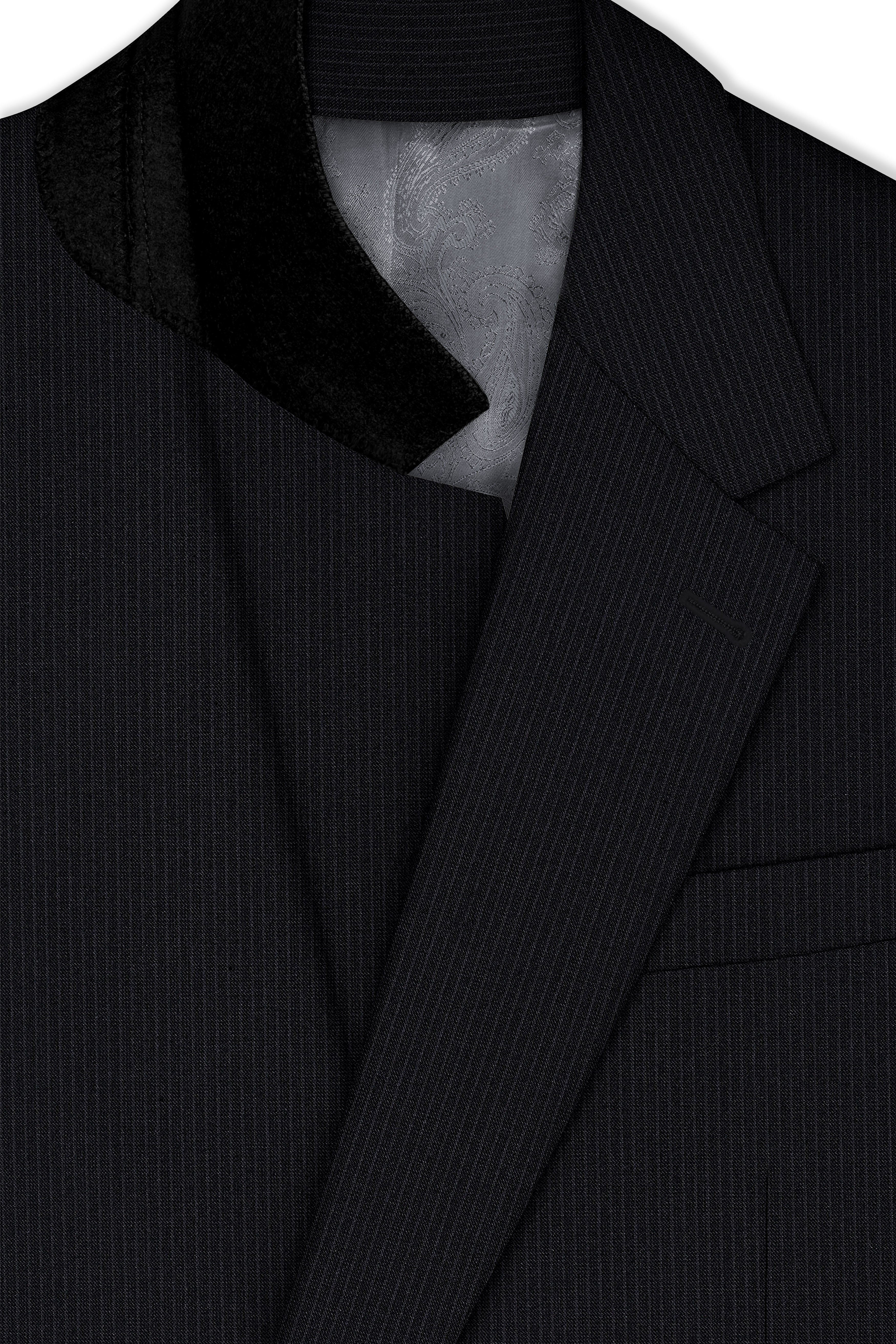 Noir-Jade Black Pencil Striped Wool Rich Slight Stretch Single Breasted Suit