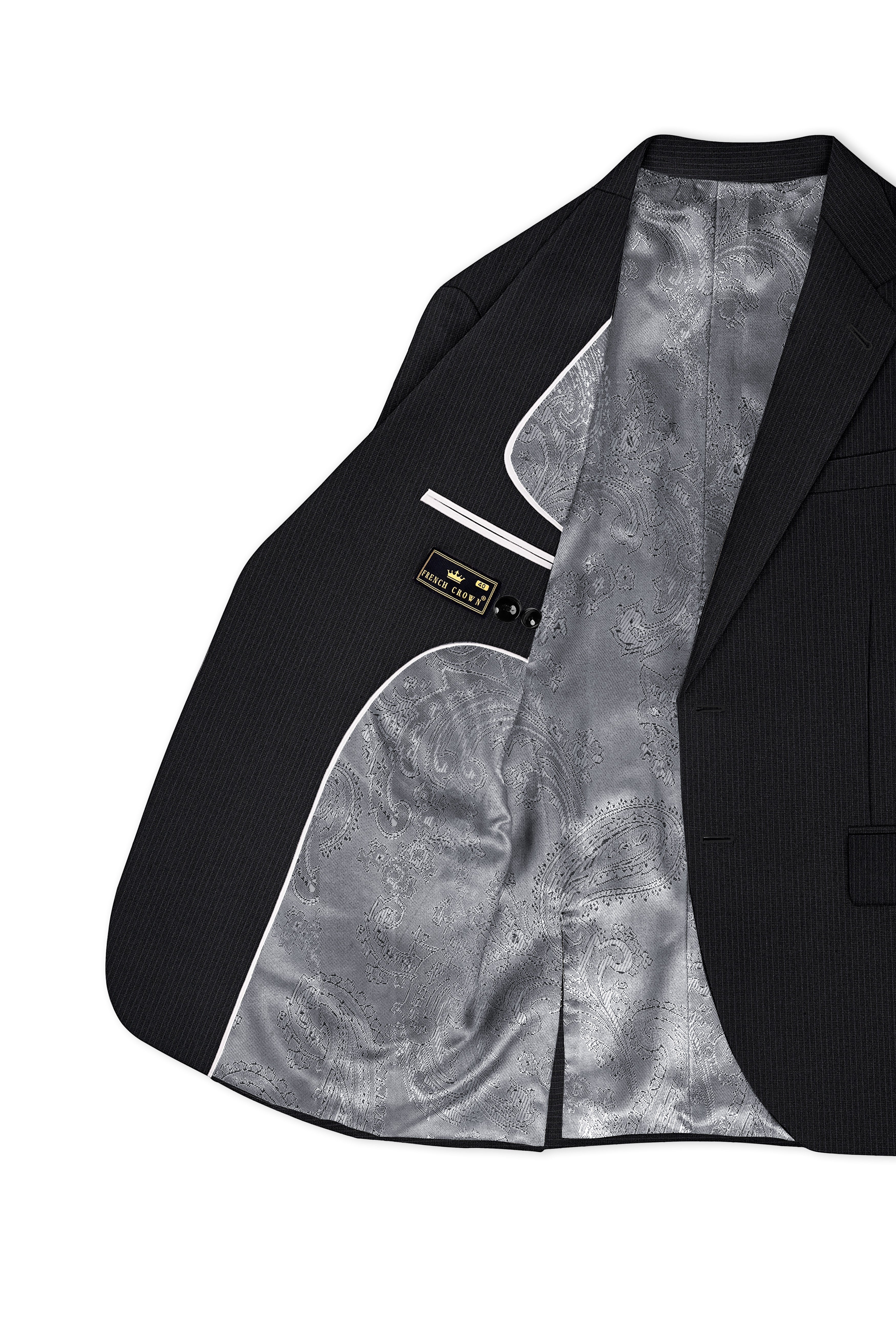 Noir-Jade Black Pencil Striped Wool Rich Slight Stretch Single Breasted Suit