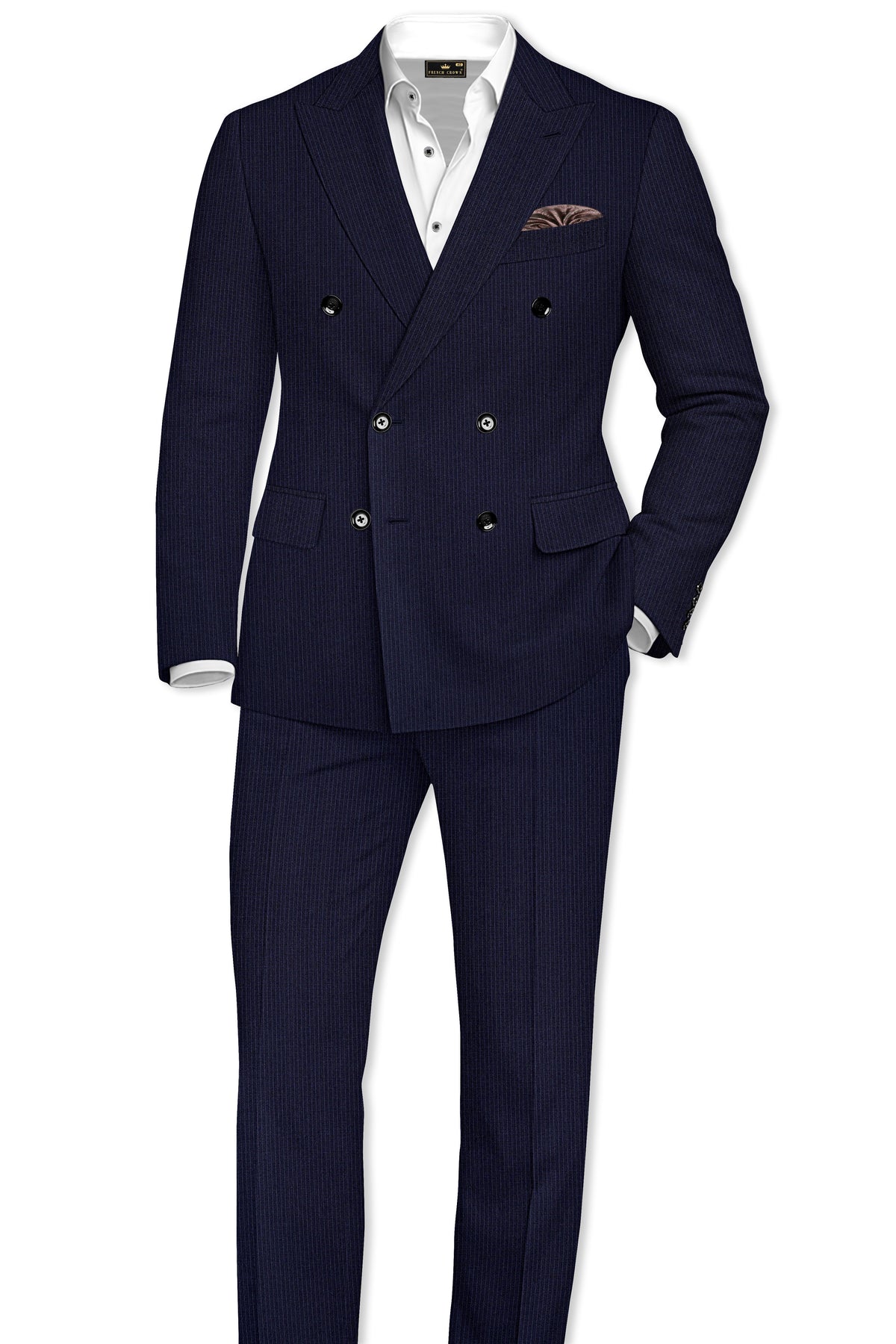 Elion-Bunker Blue Pencil Striped Wool Rich Slight Stretch Double Breasted Suit