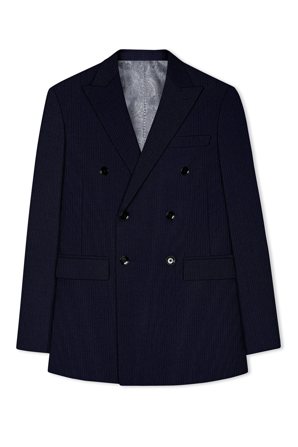 Elion-Bunker Blue Pencil Striped Wool Rich Slight Stretch Double Breasted Suit