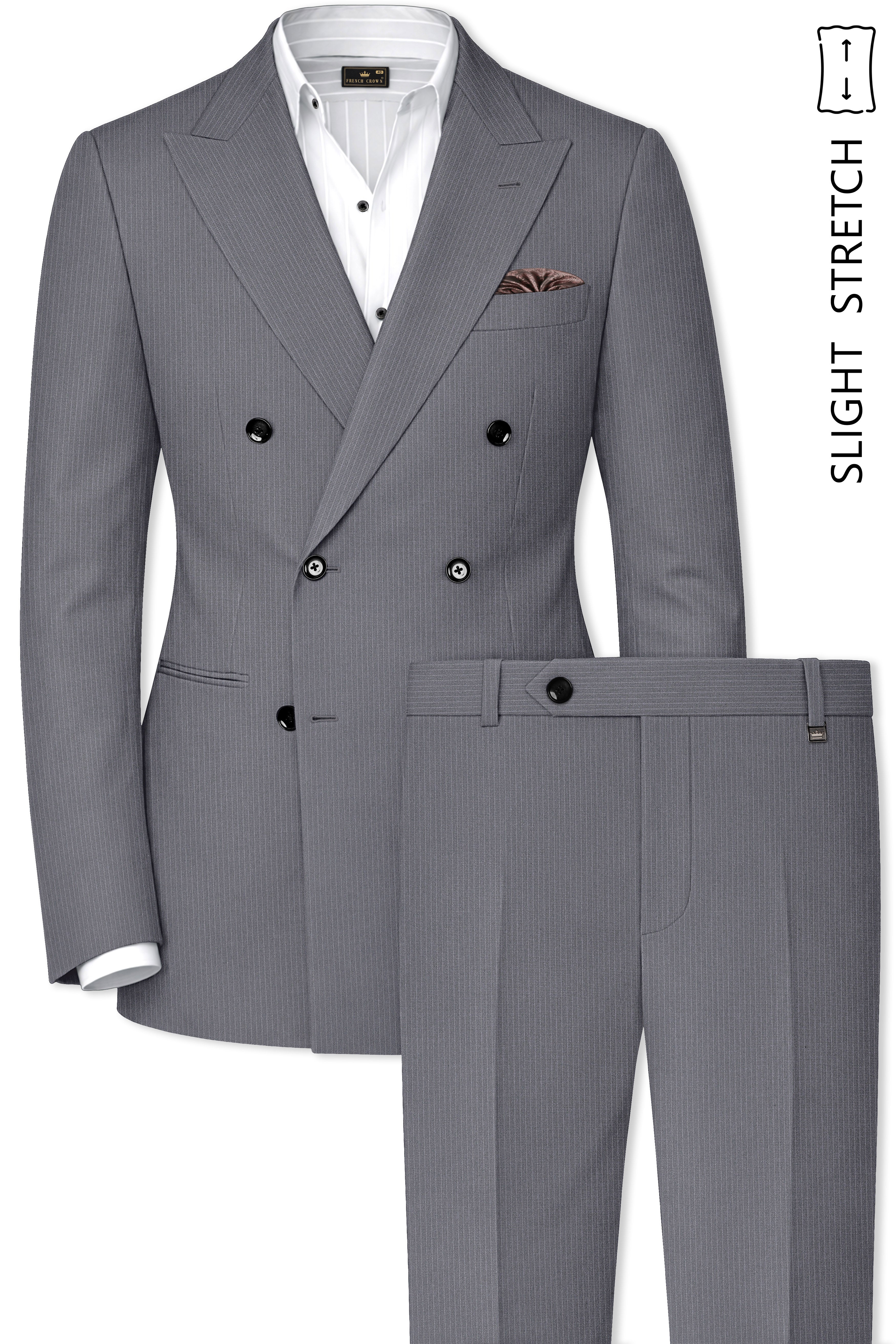 Apex-Ironside Gray Pencil Striped Wool Rich Slight Stretch Double Breasted Suit