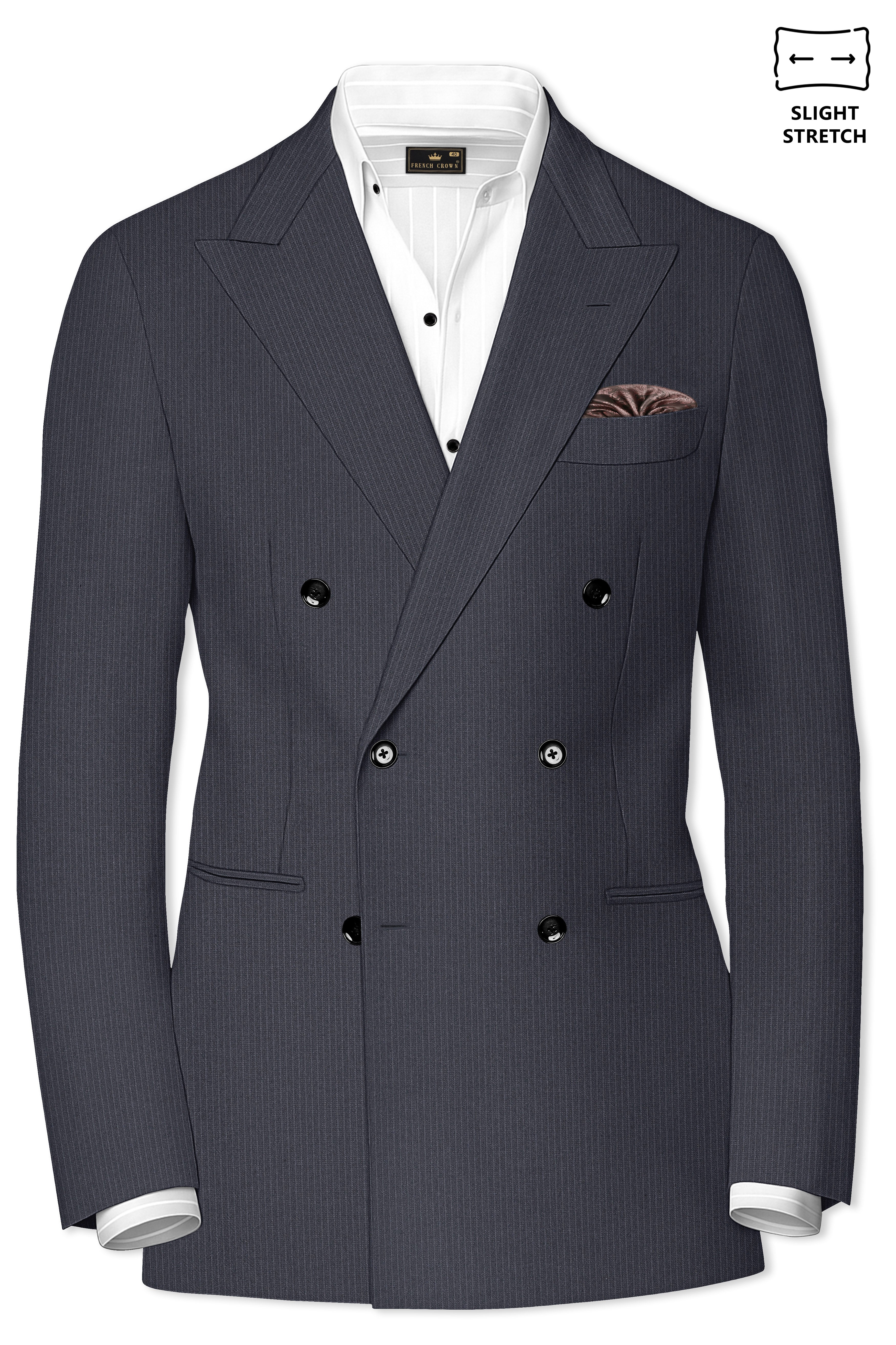 Monvex-Tuna Gray Pencil Striped Wool Rich Slight Stretch Double Breasted Suit