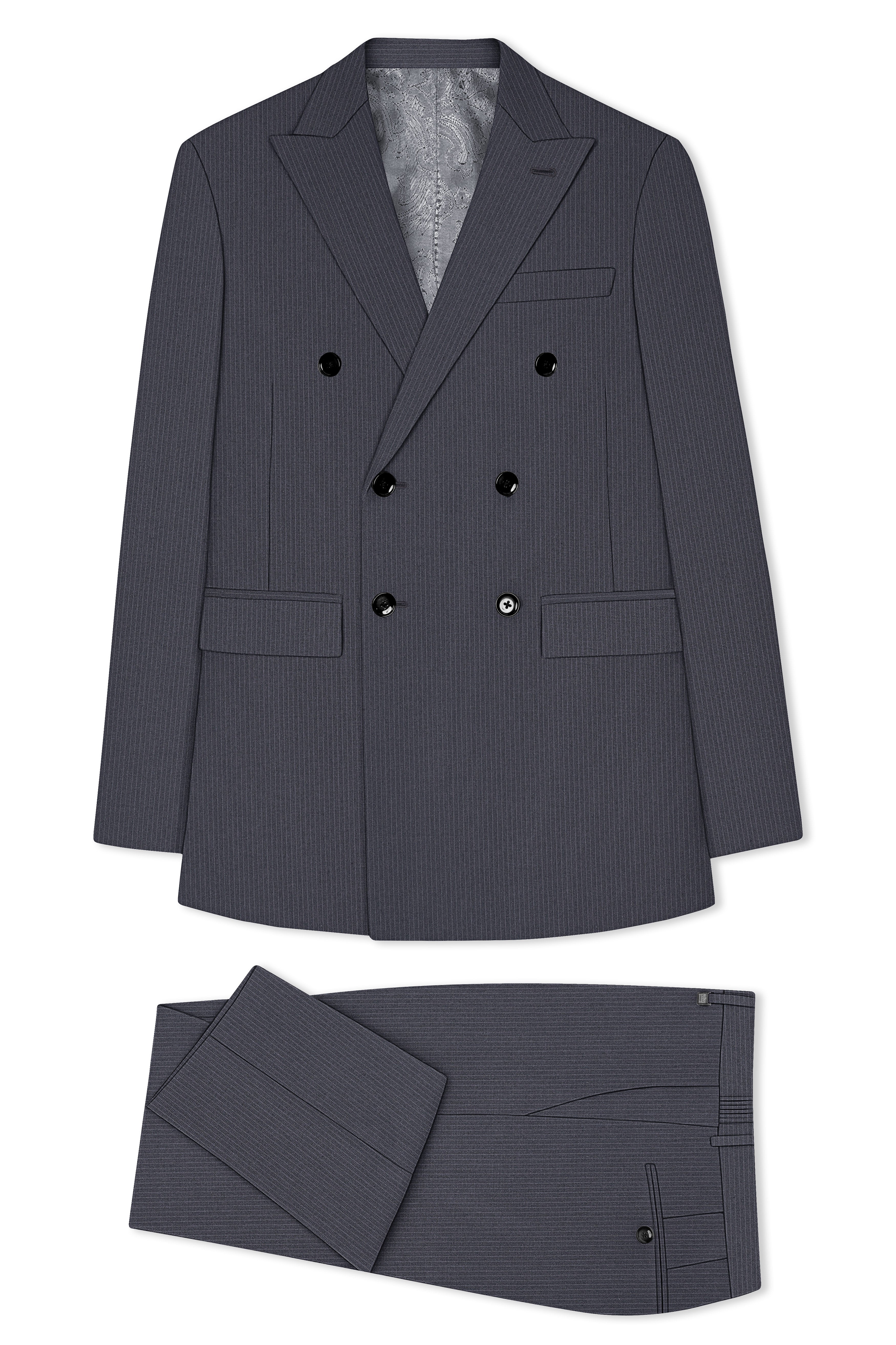 Monvex-Tuna Gray Pencil Striped Wool Rich Slight Stretch Double Breasted Suit