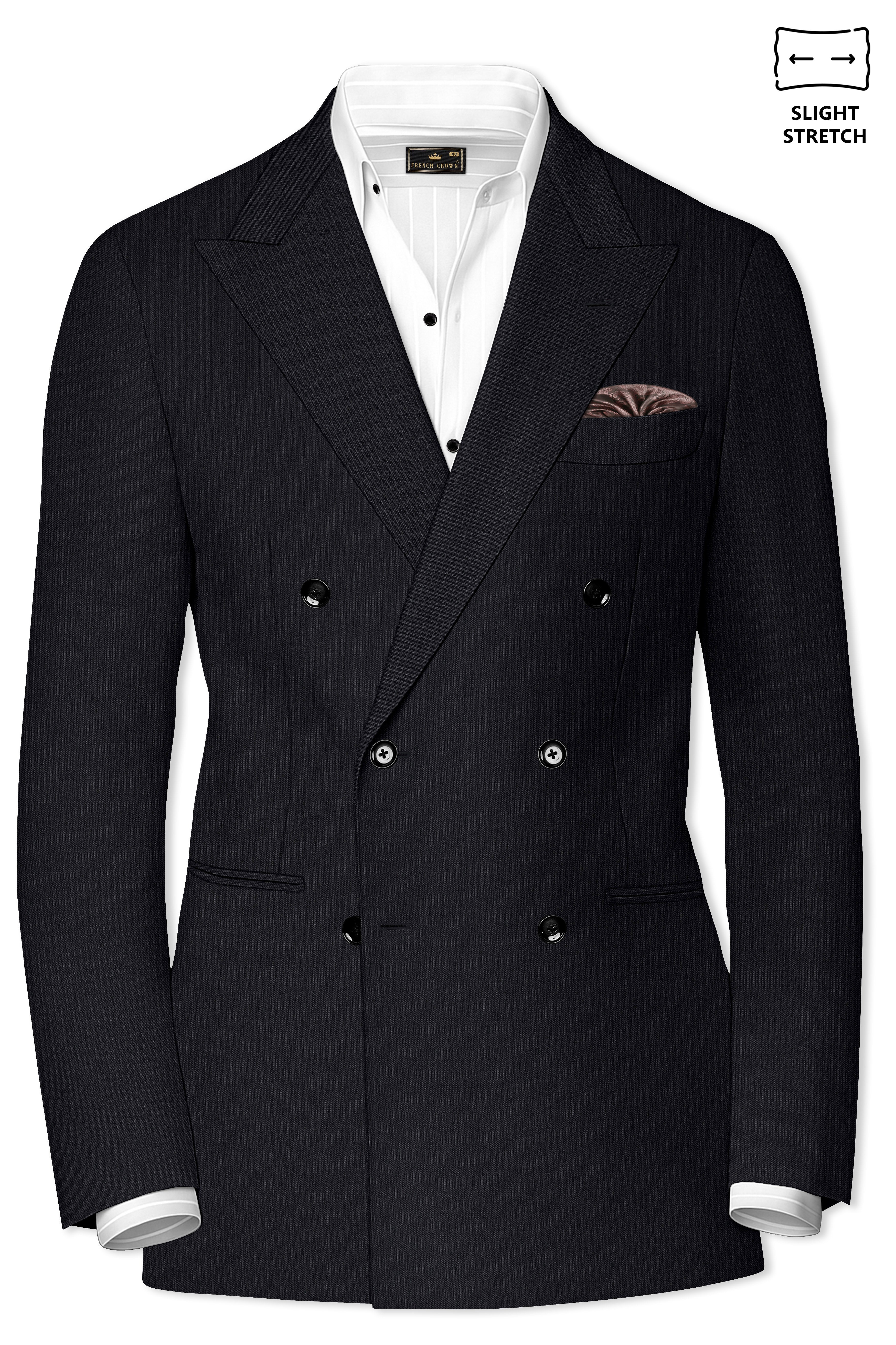 Noir-Jade Black Pencil Striped Wool Rich Slight Stretch Double Breasted Suit
