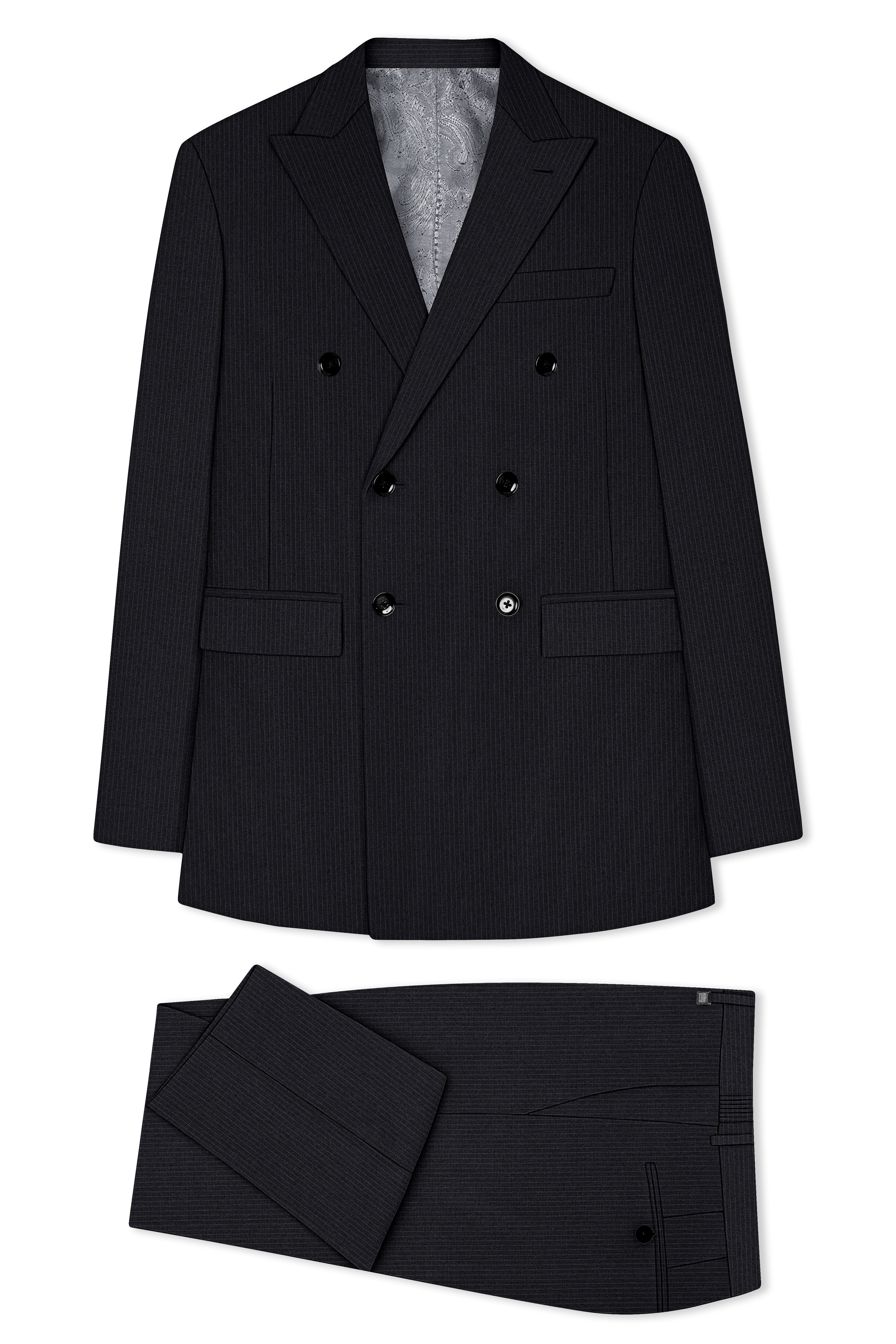 Noir-Jade Black Pencil Striped Wool Rich Slight Stretch Double Breasted Suit