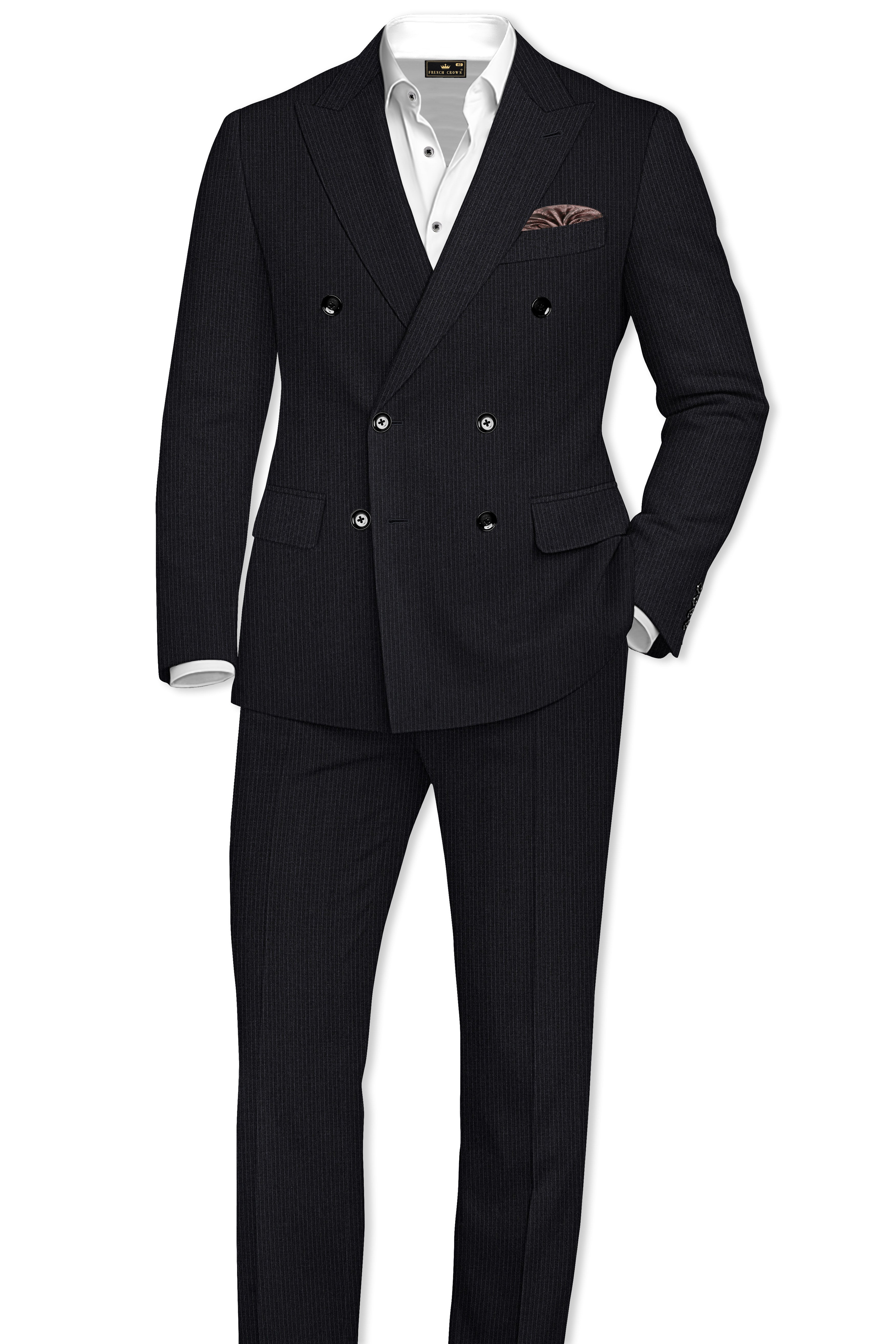 Noir-Jade Black Pencil Striped Wool Rich Slight Stretch Double Breasted Suit