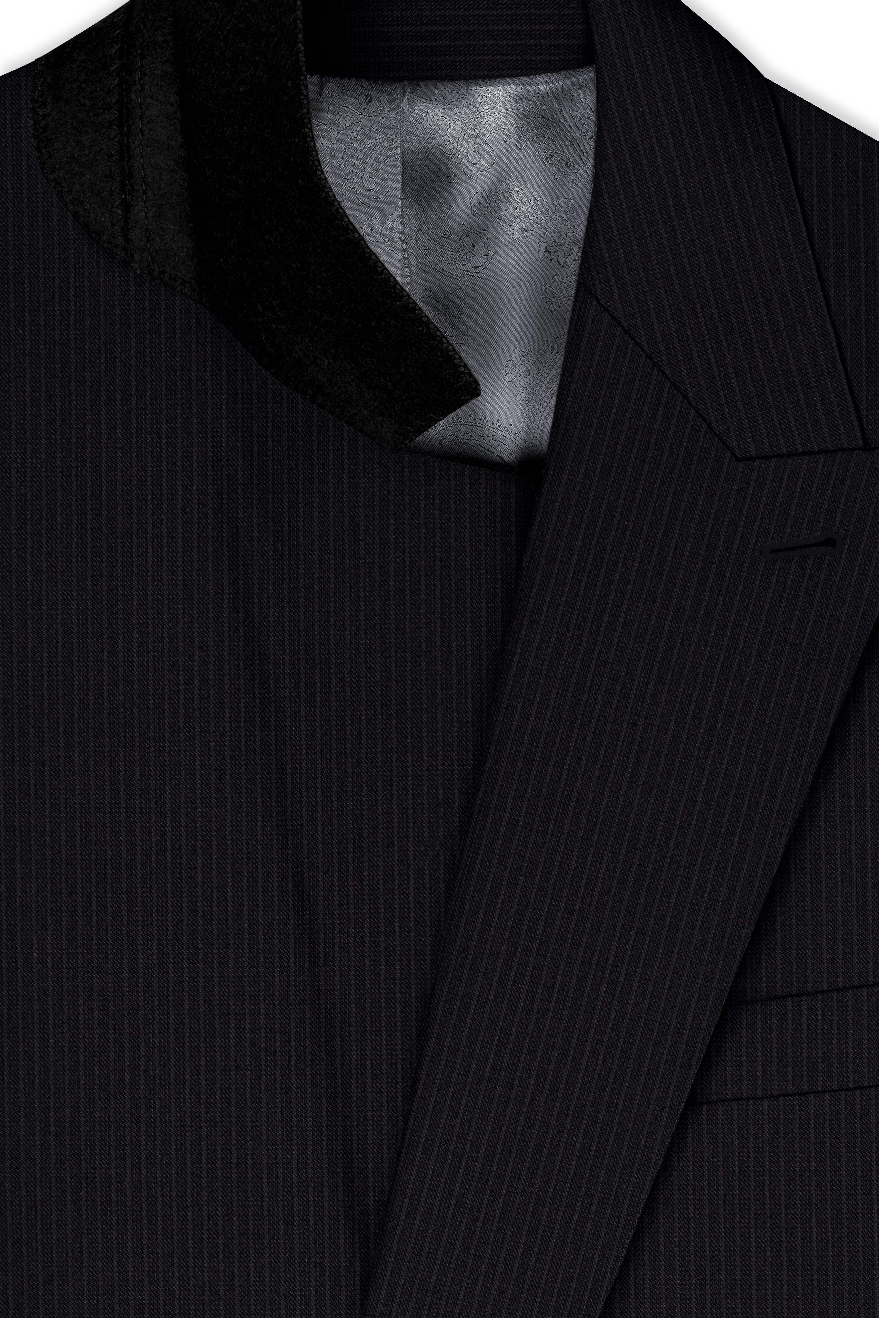 Noir-Jade Black Pencil Striped Wool Rich Slight Stretch Double Breasted Suit