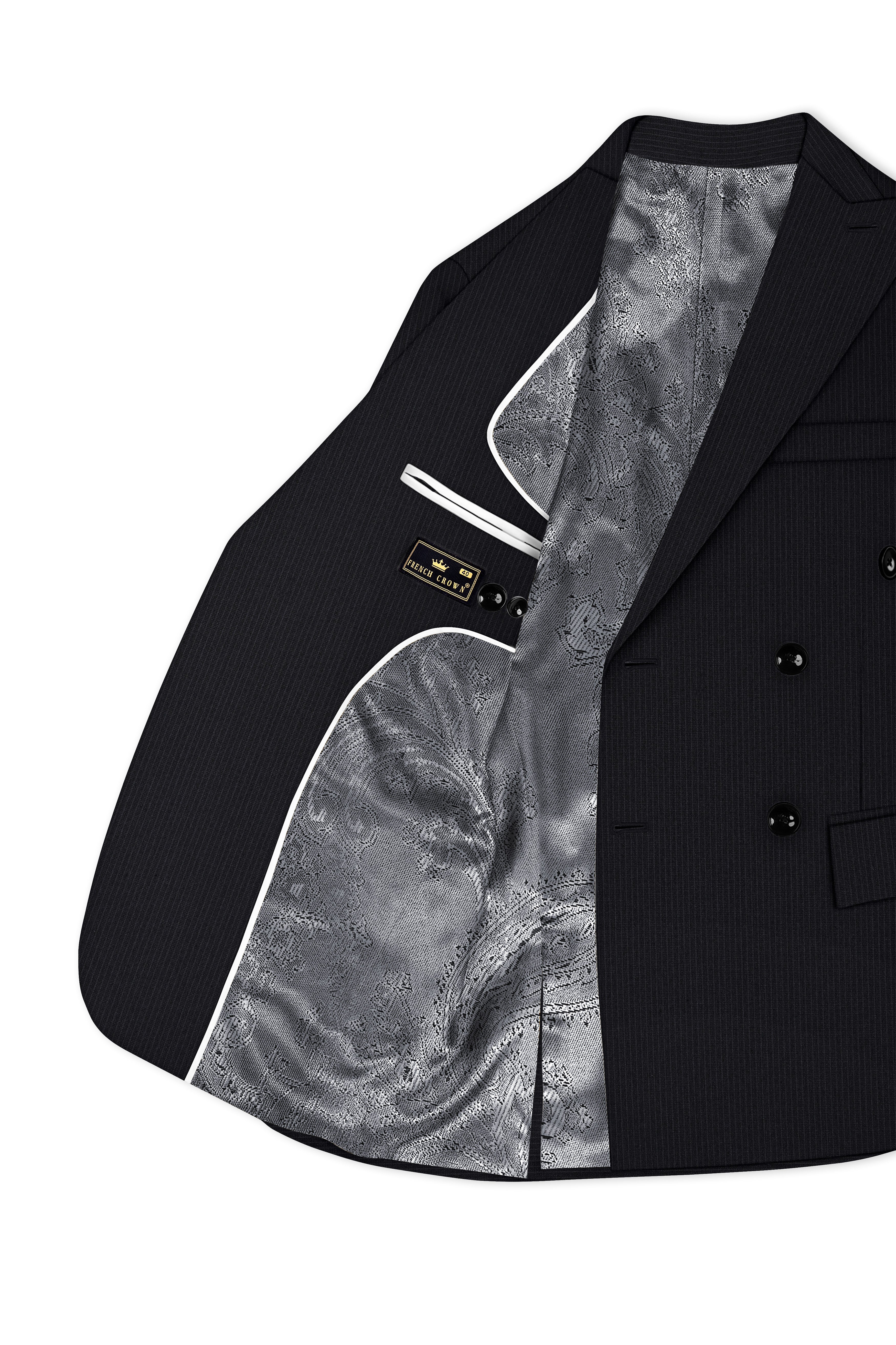 Noir-Jade Black Pencil Striped Wool Rich Slight Stretch Double Breasted Suit
