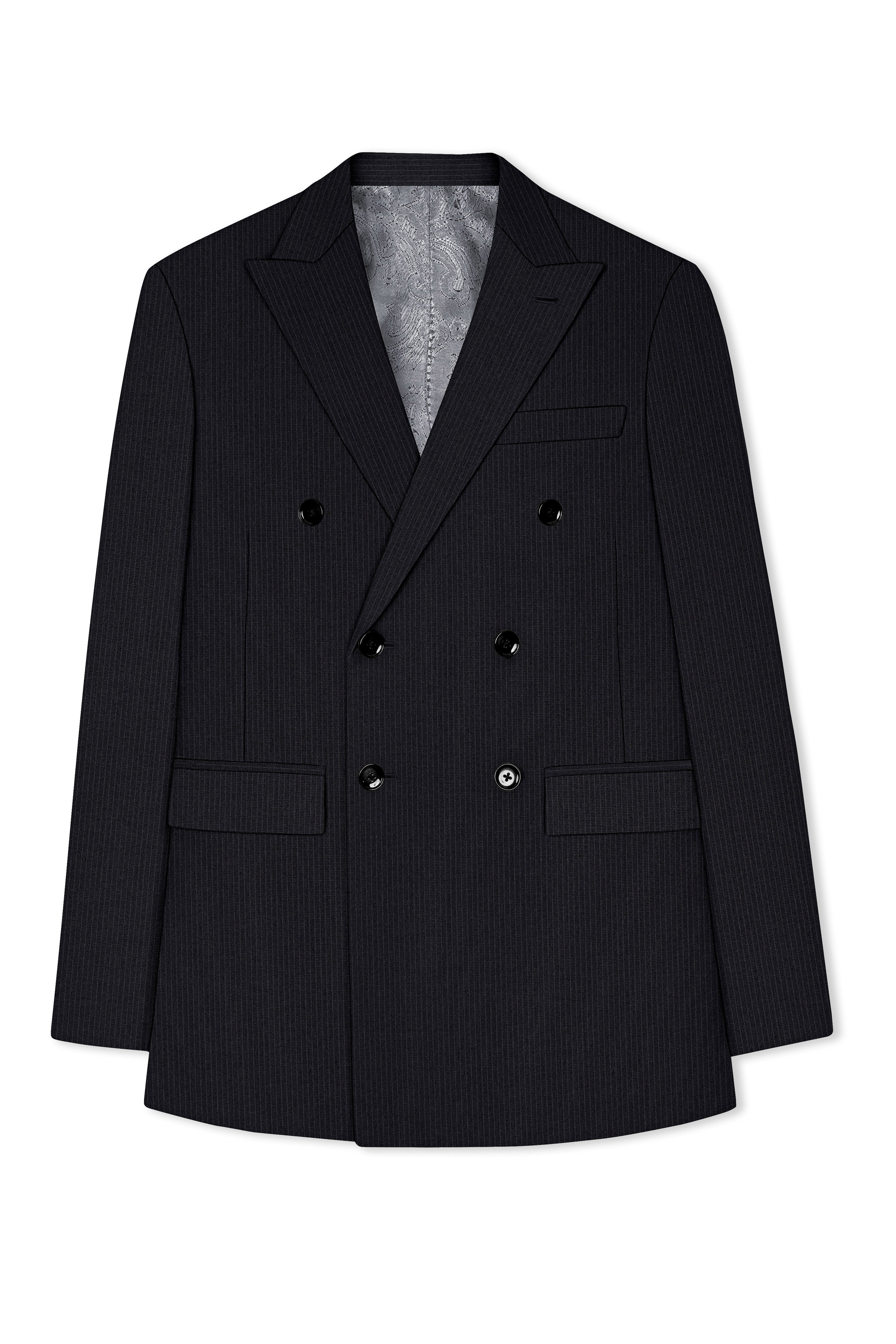 Noir-Jade Black Pencil Striped Wool Rich Slight Stretch Double Breasted Suit