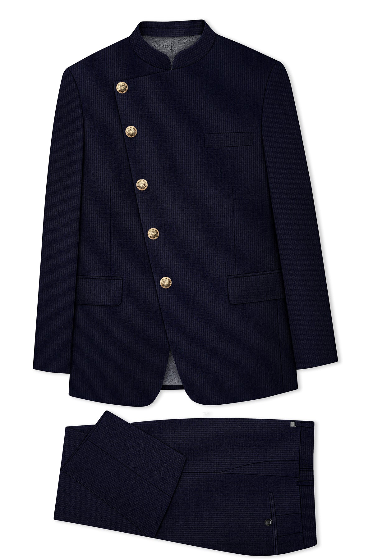 Elion-Bunker Blue Pencil Striped Wool Rich Slight Stretch Cross Placket Bandhgala Suit