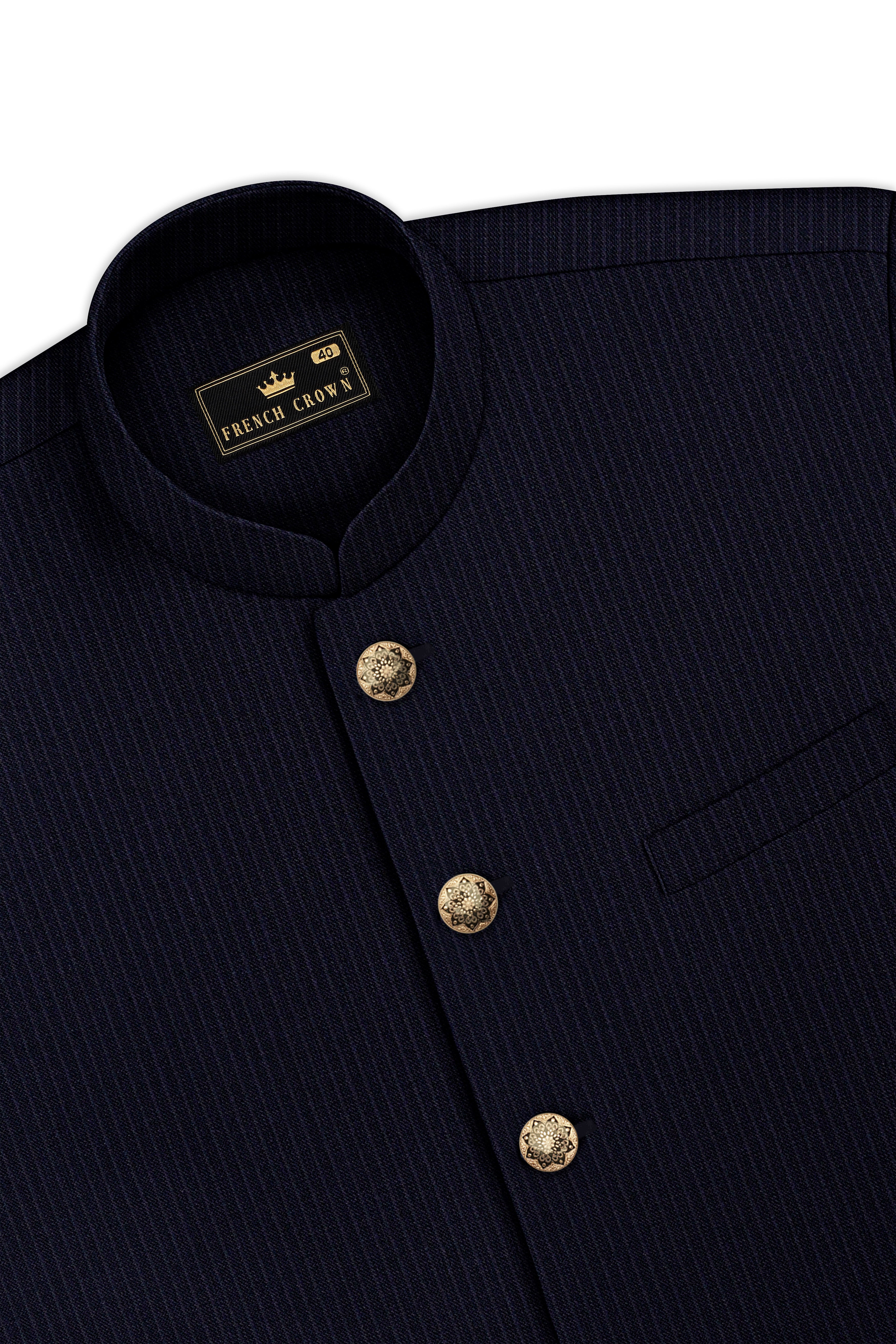 Elion-Bunker Blue Pencil Striped Wool Rich Slight Stretch Cross Placket Bandhgala Suit