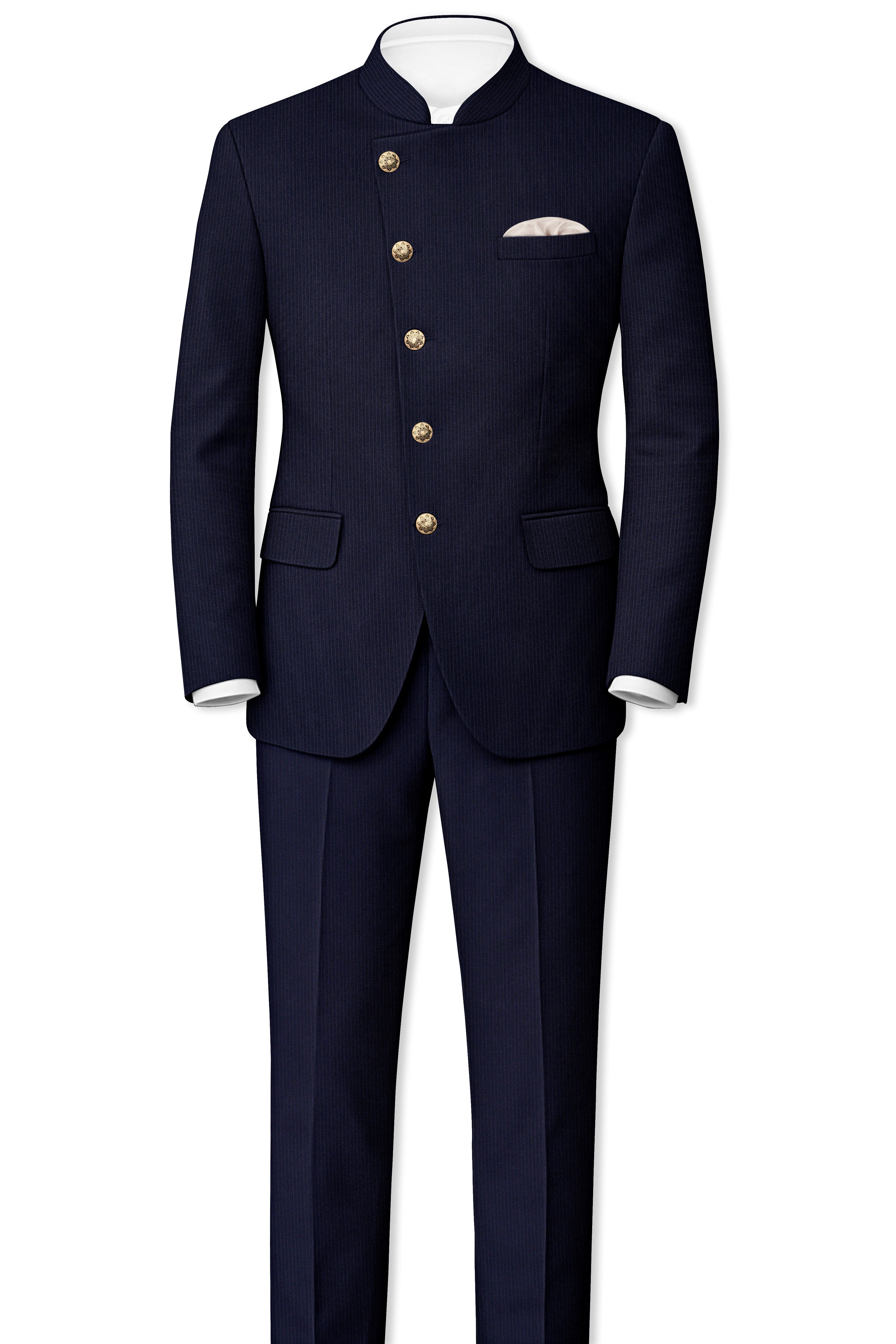 Elion-Bunker Blue Pencil Striped Wool Rich Slight Stretch Cross Placket Bandhgala Suit