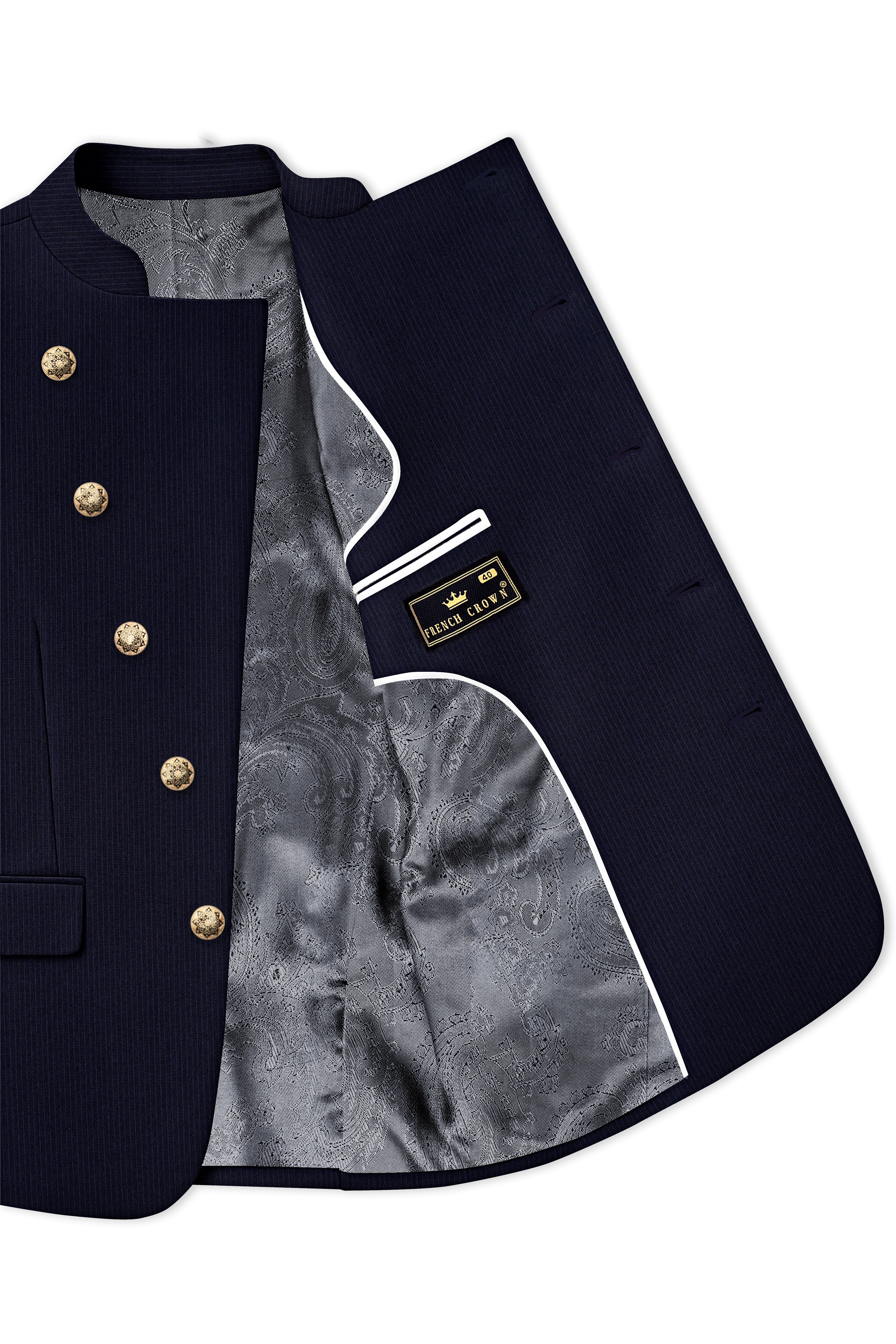 Elion-Bunker Blue Pencil Striped Wool Rich Slight Stretch Cross Placket Bandhgala Suit