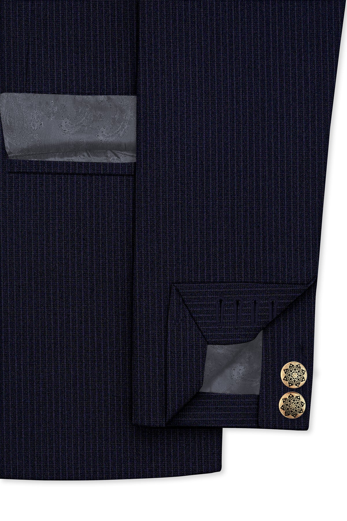 Elion-Bunker Blue Pencil Striped Wool Rich Slight Stretch Cross Placket Bandhgala Suit