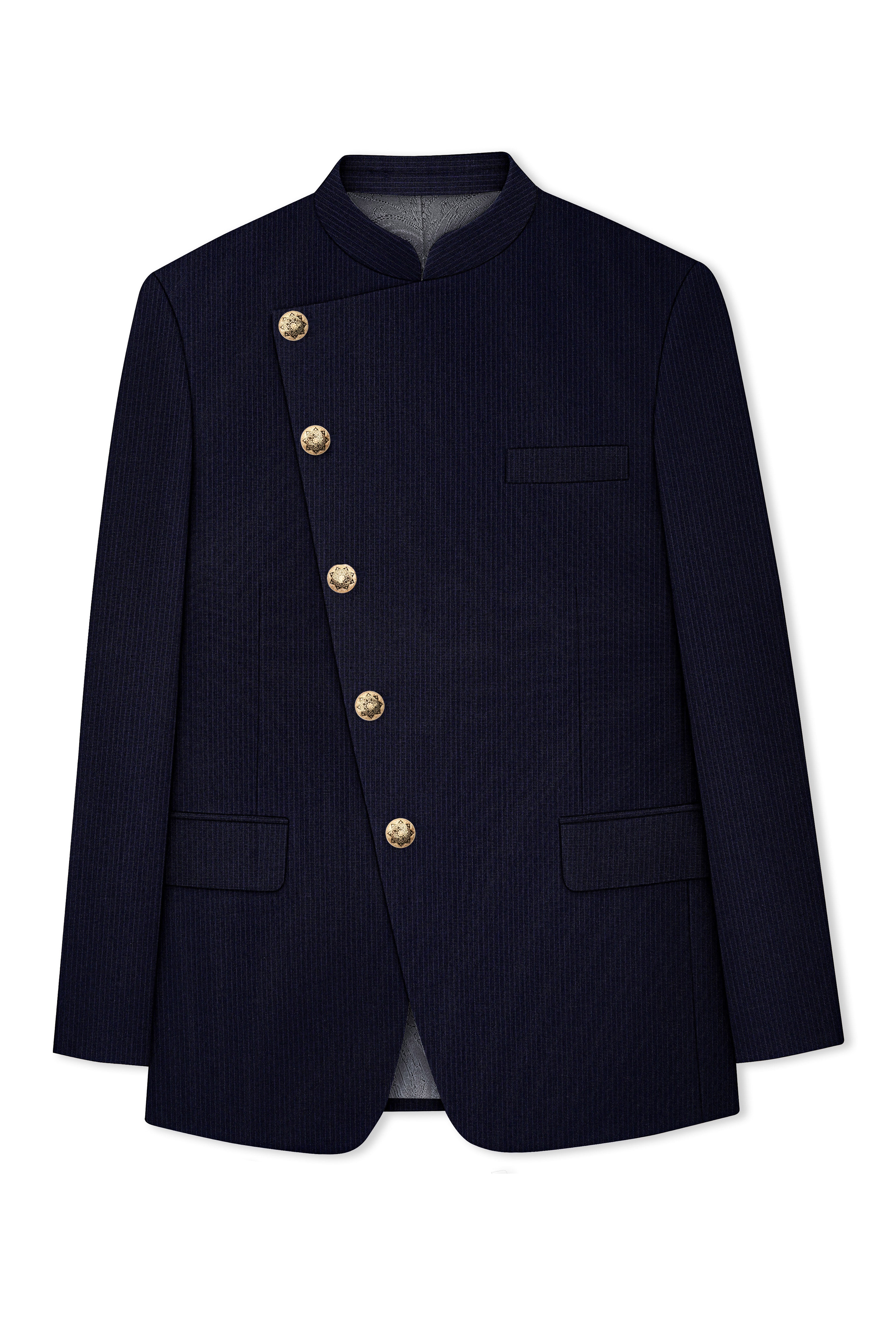 Elion-Bunker Blue Pencil Striped Wool Rich Slight Stretch Cross Placket Bandhgala Suit