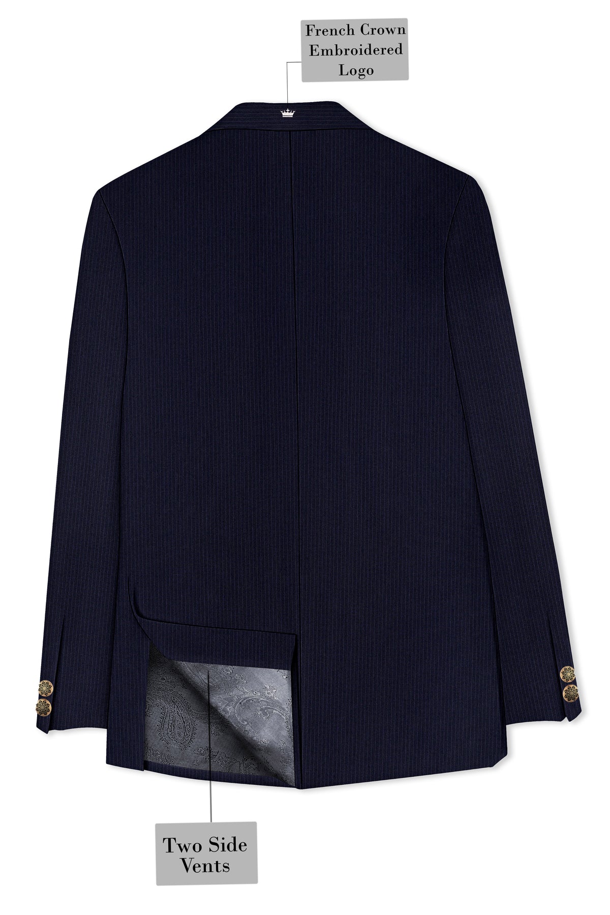 Elion-Bunker Blue Pencil Striped Wool Rich Slight Stretch Cross Placket Bandhgala Suit