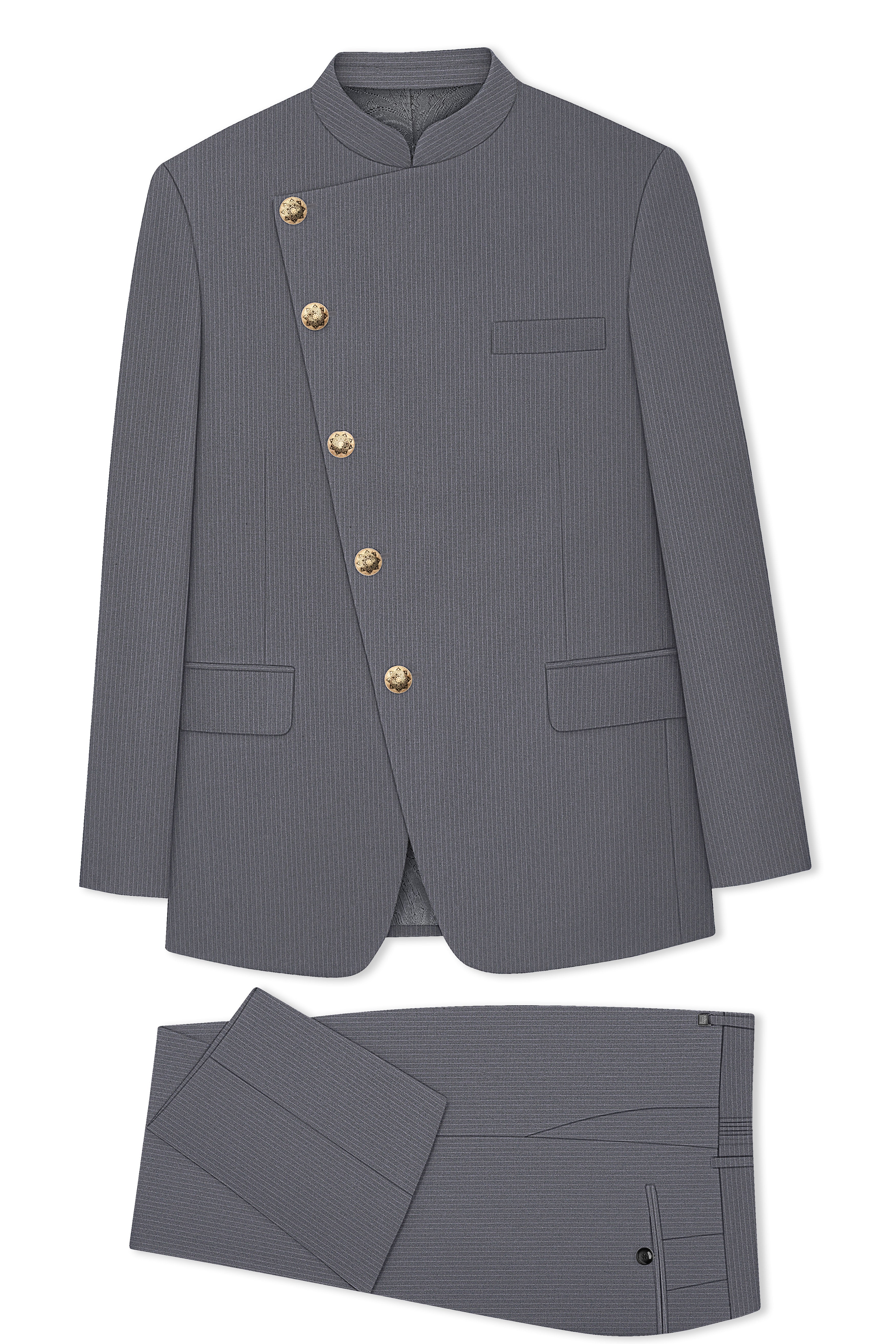 Apex-Ironside Gray Pencil Striped Wool Rich Slight Stretch Cross Placket Bandhgala Suit