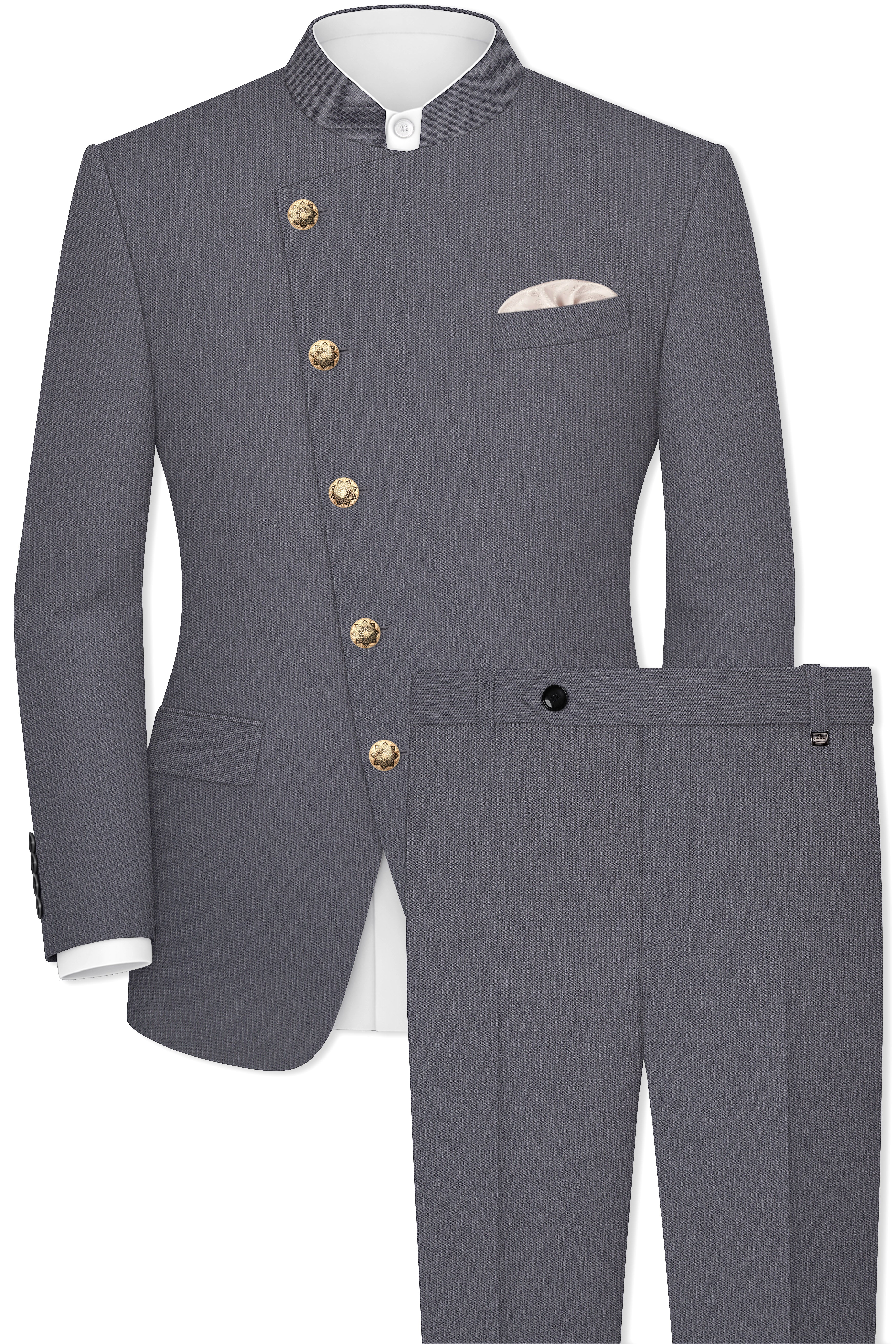 Apex-Ironside Gray Pencil Striped Wool Rich Slight Stretch Cross Placket Bandhgala Suit
