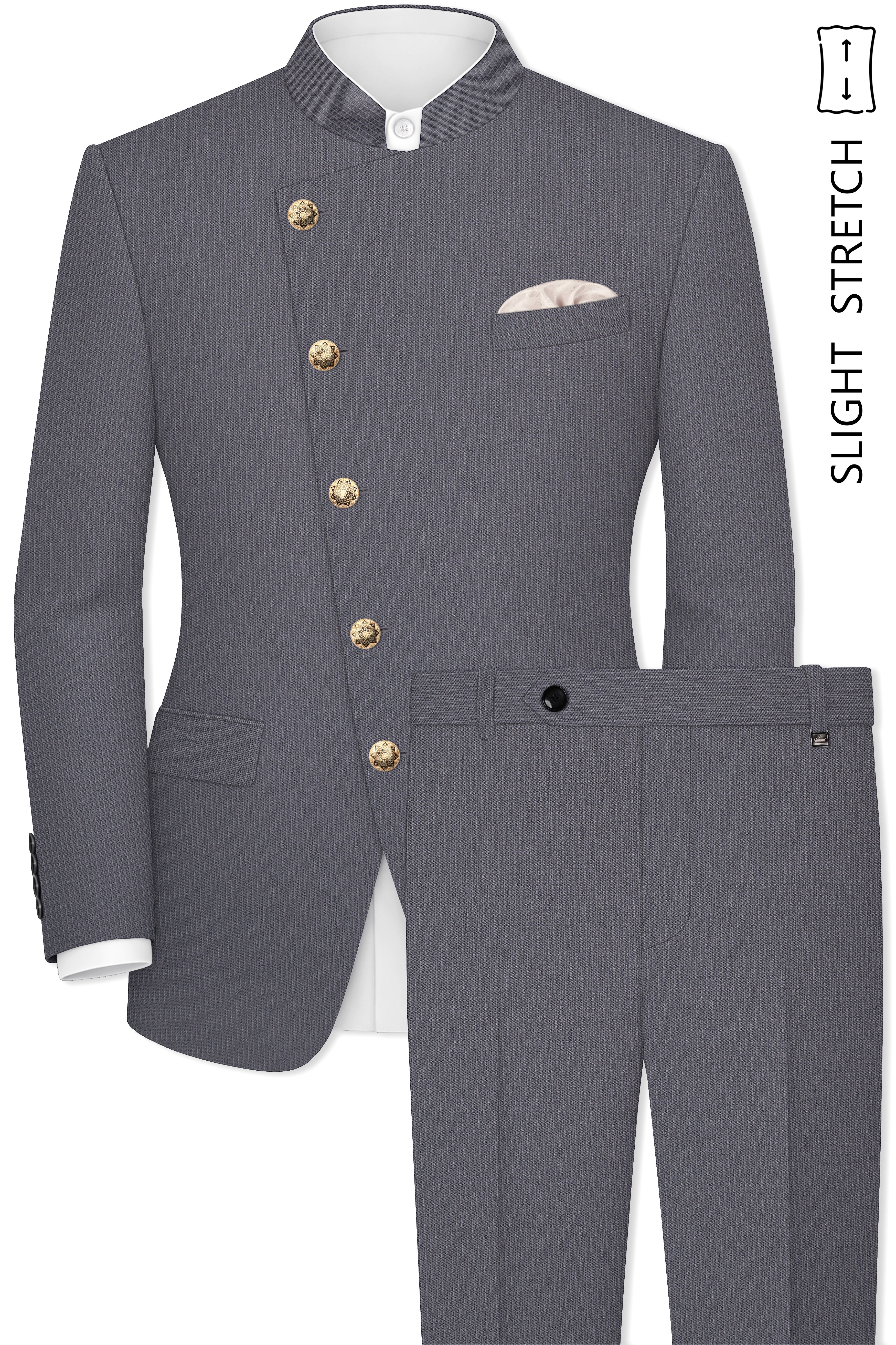 Apex-Ironside Gray Pencil Striped Wool Rich Slight Stretch Cross Placket Bandhgala Suit