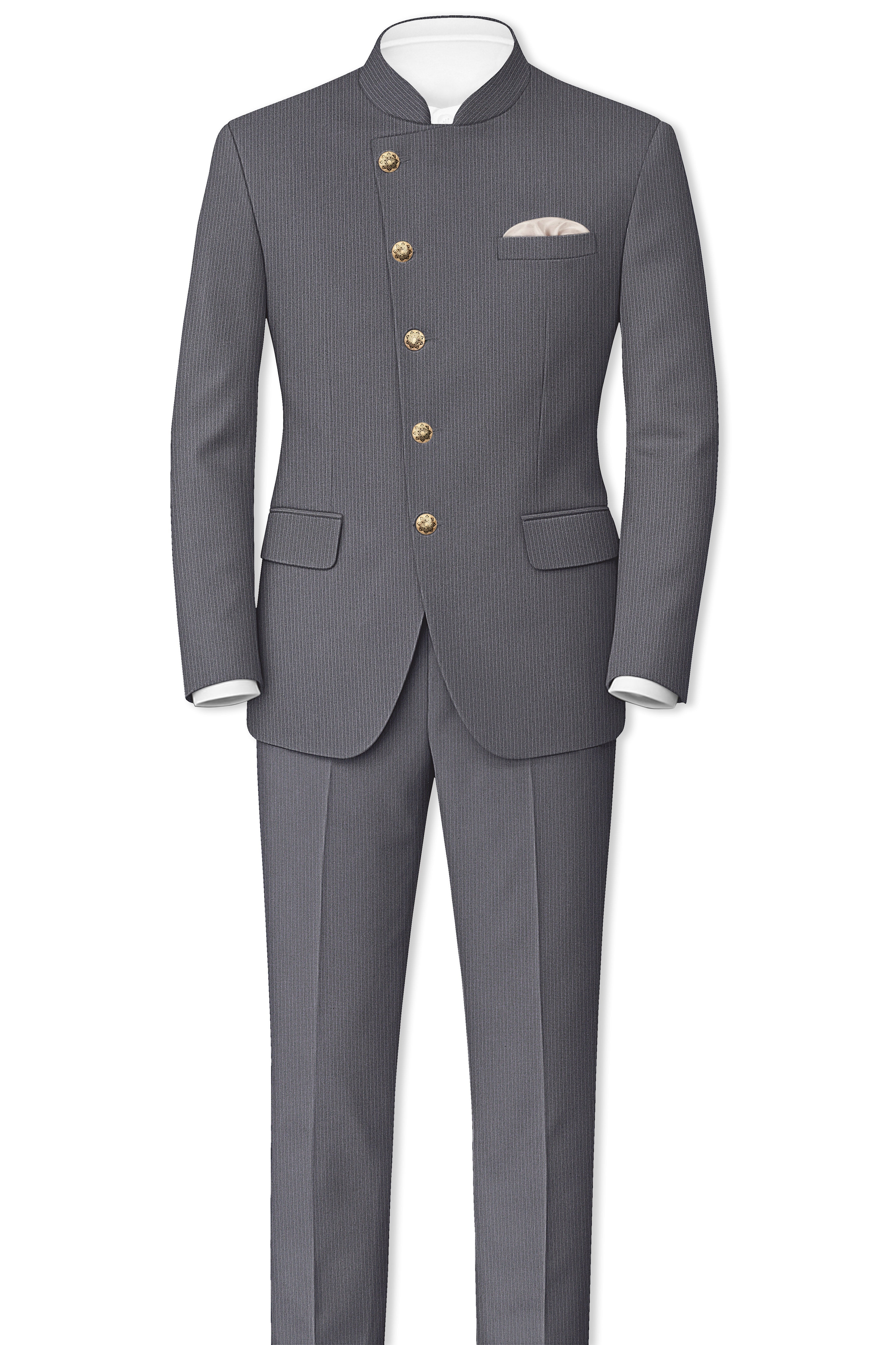 Apex-Ironside Gray Pencil Striped Wool Rich Slight Stretch Cross Placket Bandhgala Suit