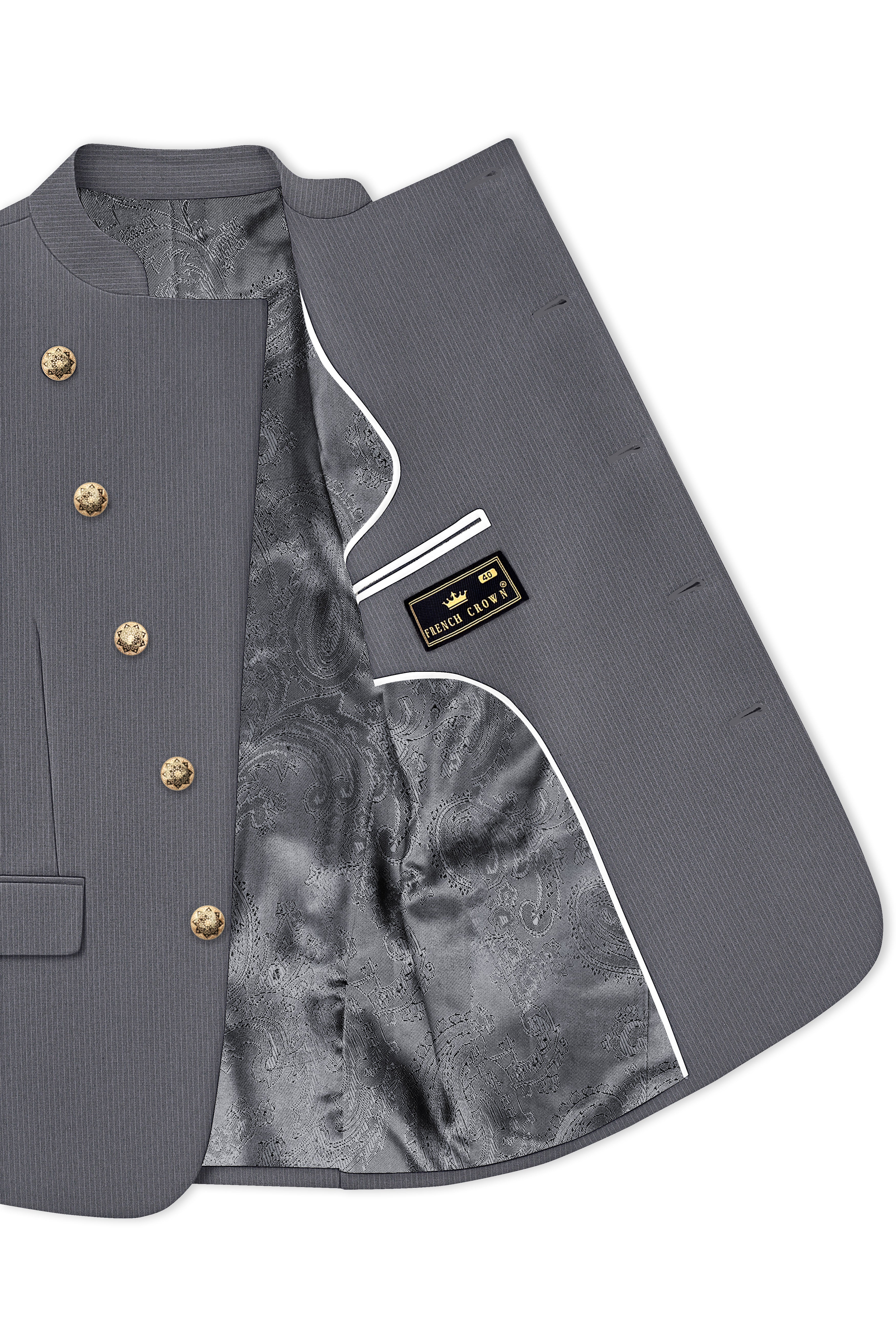 Apex-Ironside Gray Pencil Striped Wool Rich Slight Stretch Cross Placket Bandhgala Suit