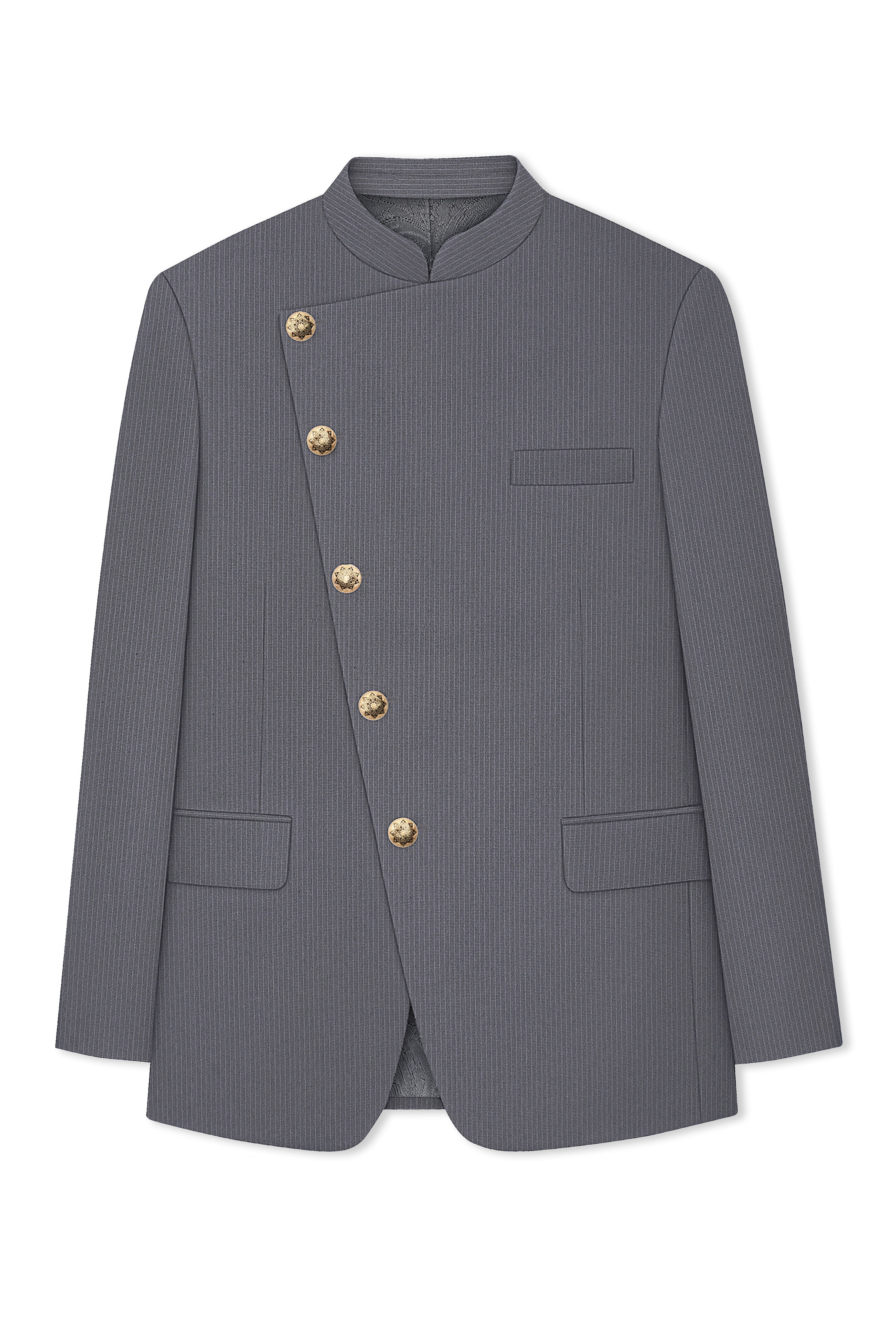 Apex-Ironside Gray Pencil Striped Wool Rich Slight Stretch Cross Placket Bandhgala Suit