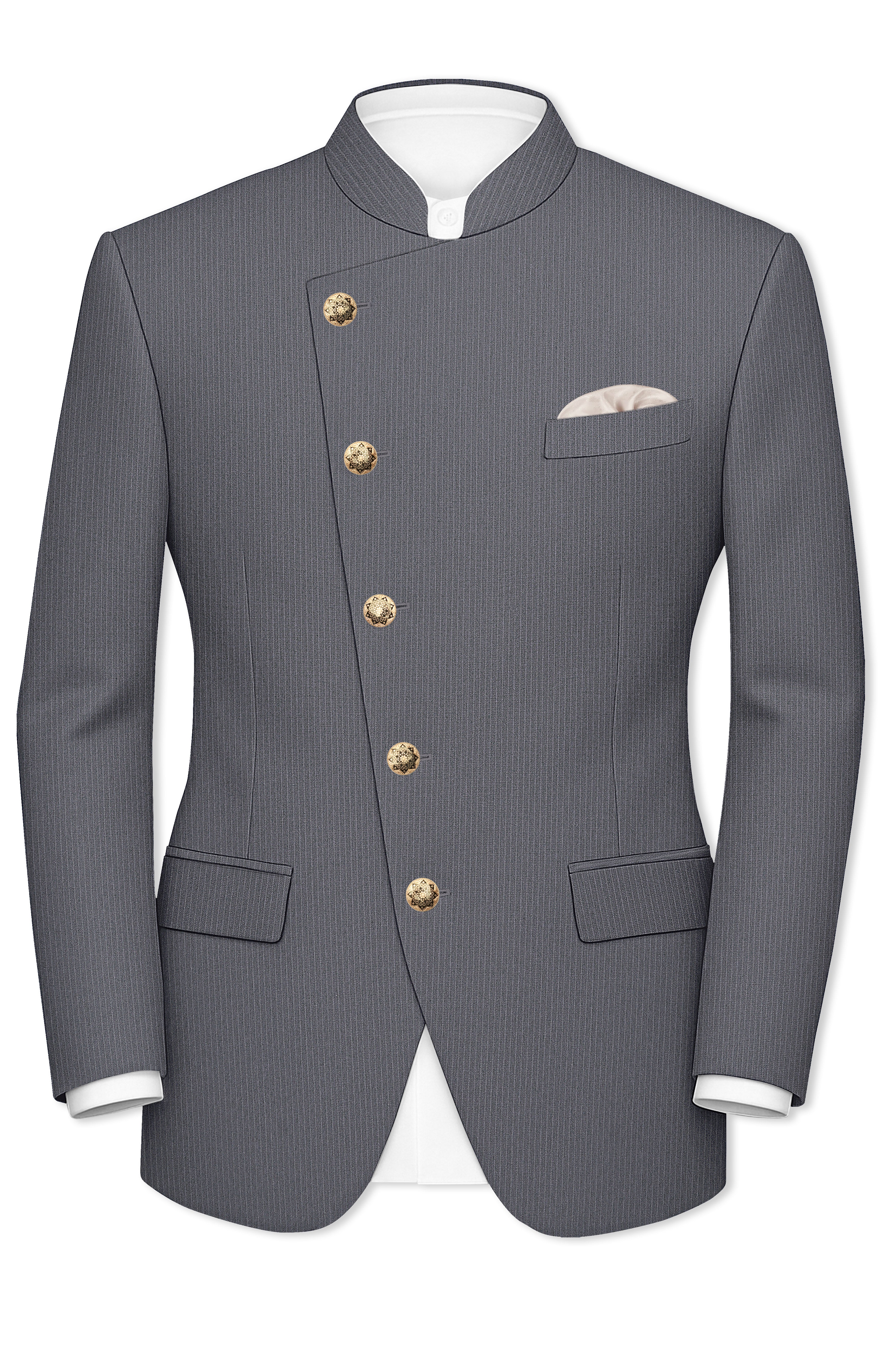 Apex-Ironside Gray Pencil Striped Wool Rich Slight Stretch Cross Placket Bandhgala Suit