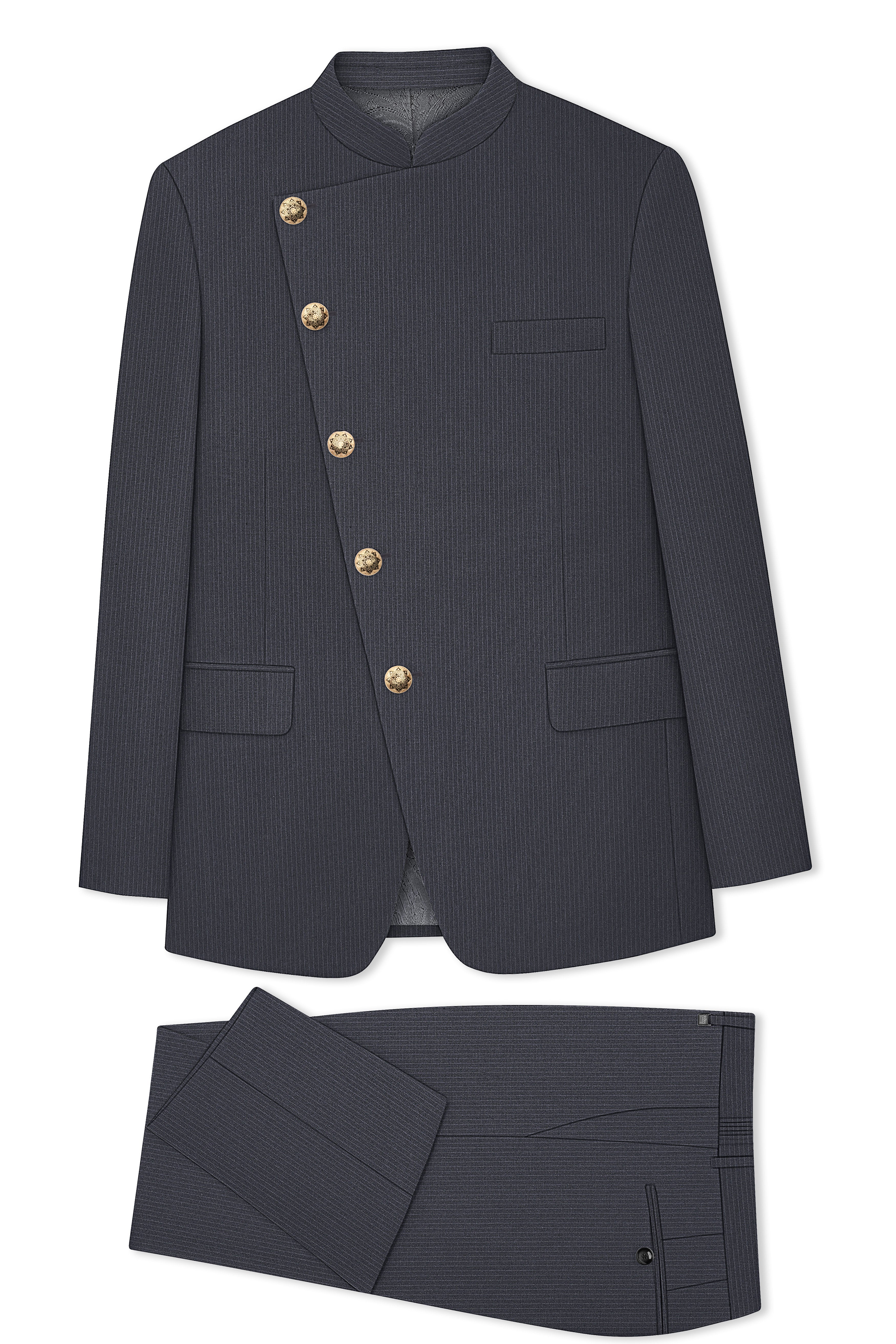 Monvex-Tuna Gray Pencil Striped Wool Rich Slight Stretch Cross Placket Bandhgala Suit