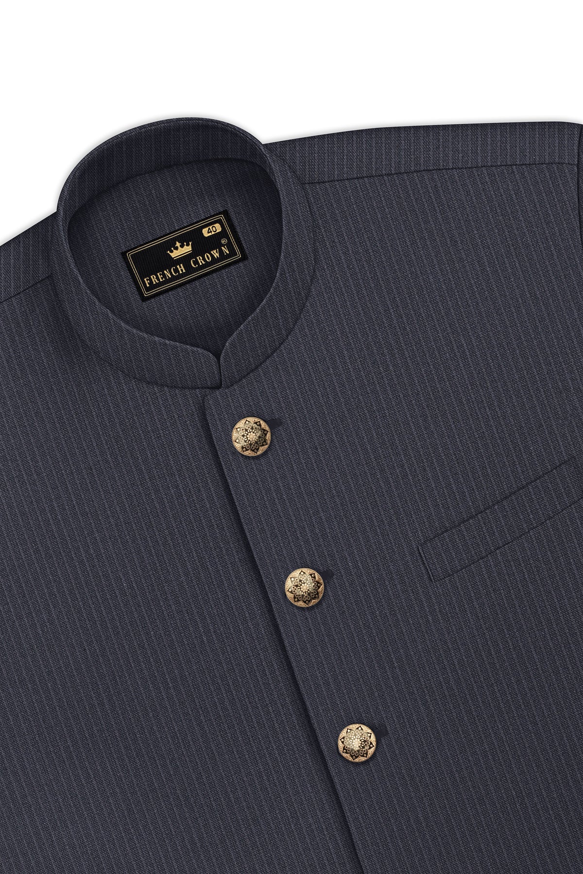 Monvex-Tuna Gray Pencil Striped Wool Rich Slight Stretch Cross Placket Bandhgala Suit