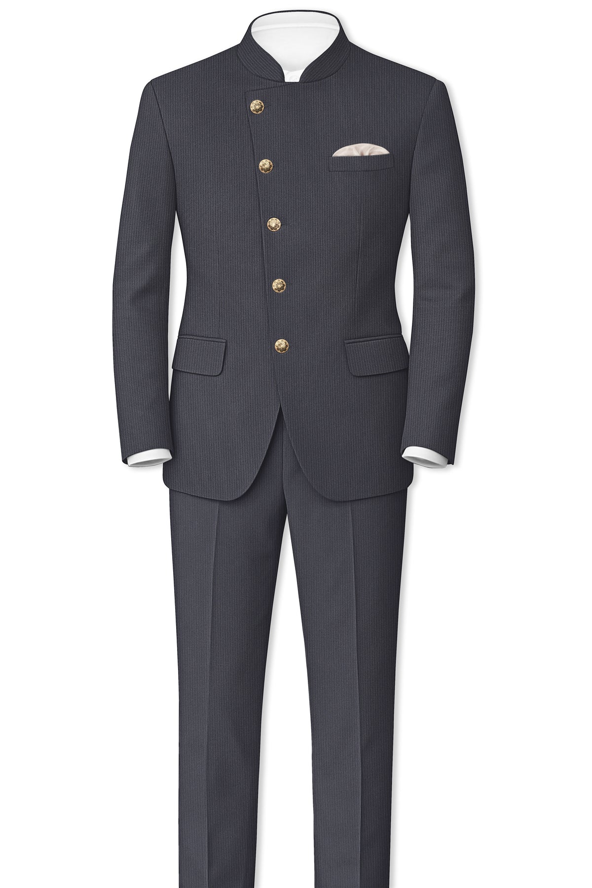 Monvex-Tuna Gray Pencil Striped Wool Rich Slight Stretch Cross Placket Bandhgala Suit