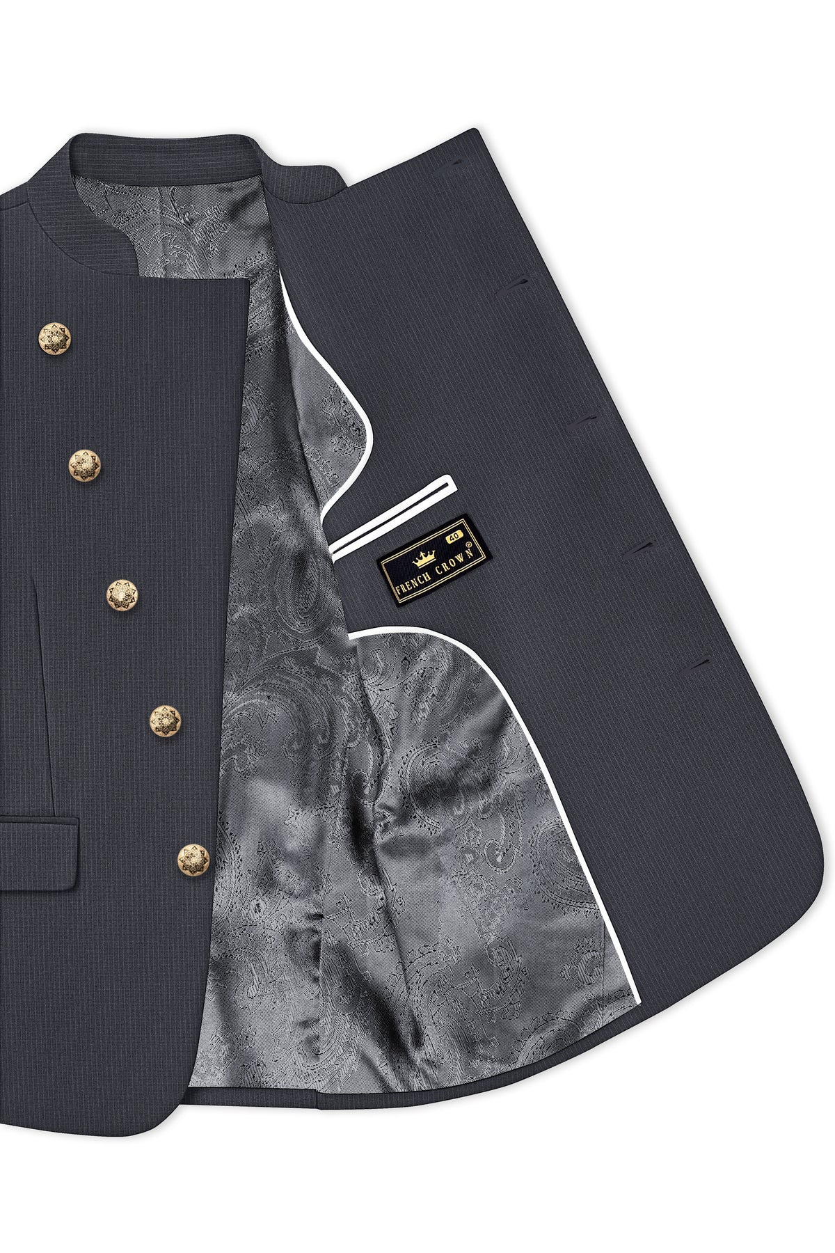 Monvex-Tuna Gray Pencil Striped Wool Rich Slight Stretch Cross Placket Bandhgala Suit
