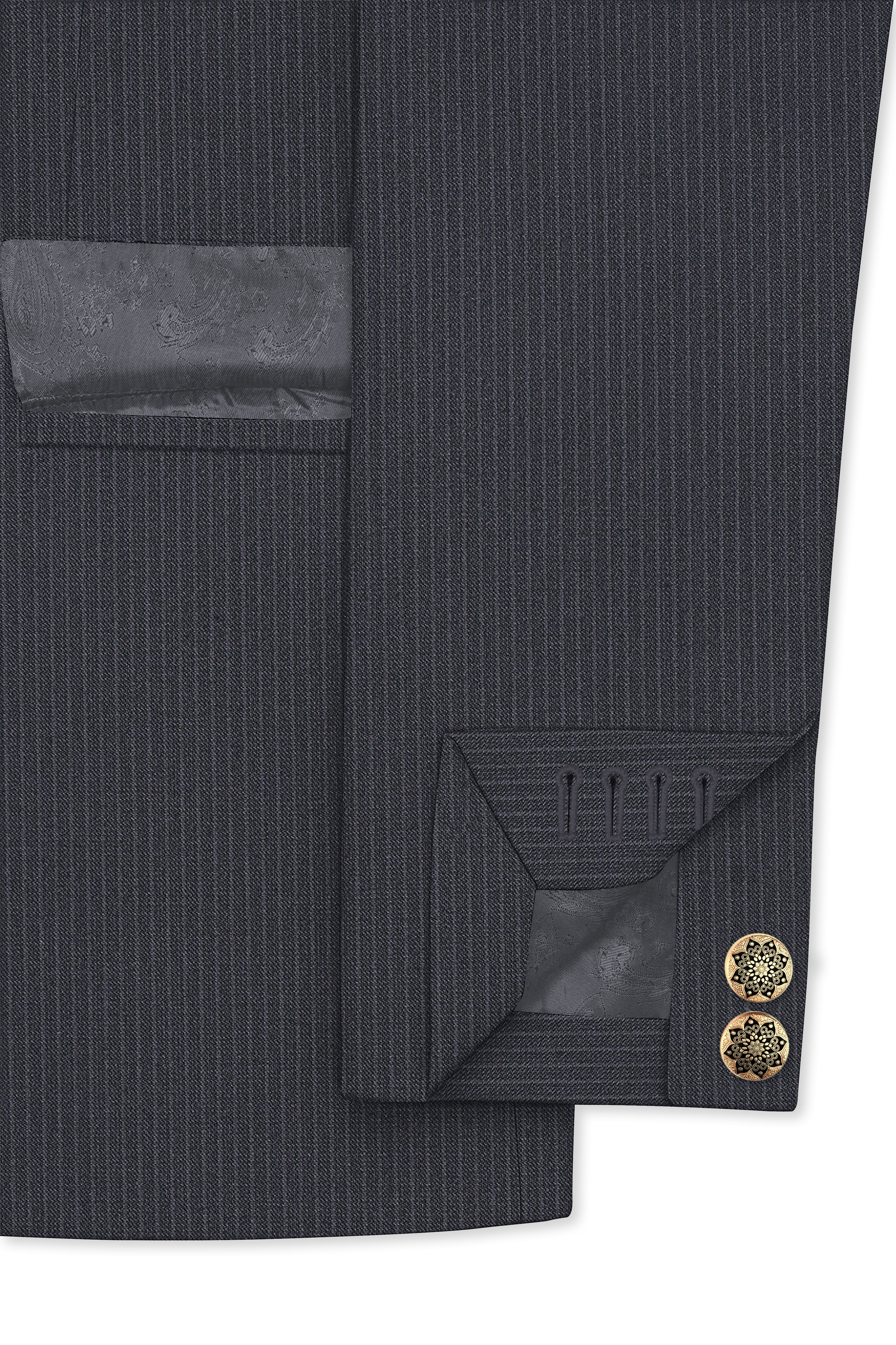Monvex-Tuna Gray Pencil Striped Wool Rich Slight Stretch Cross Placket Bandhgala Suit