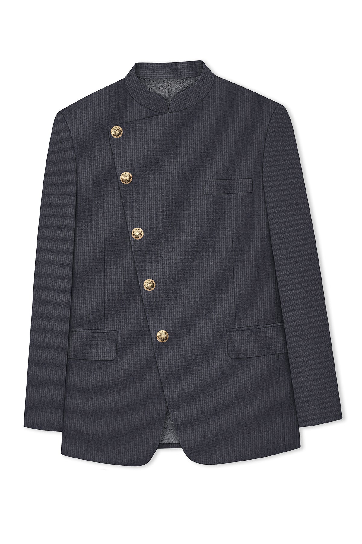 Monvex-Tuna Gray Pencil Striped Wool Rich Slight Stretch Cross Placket Bandhgala Suit
