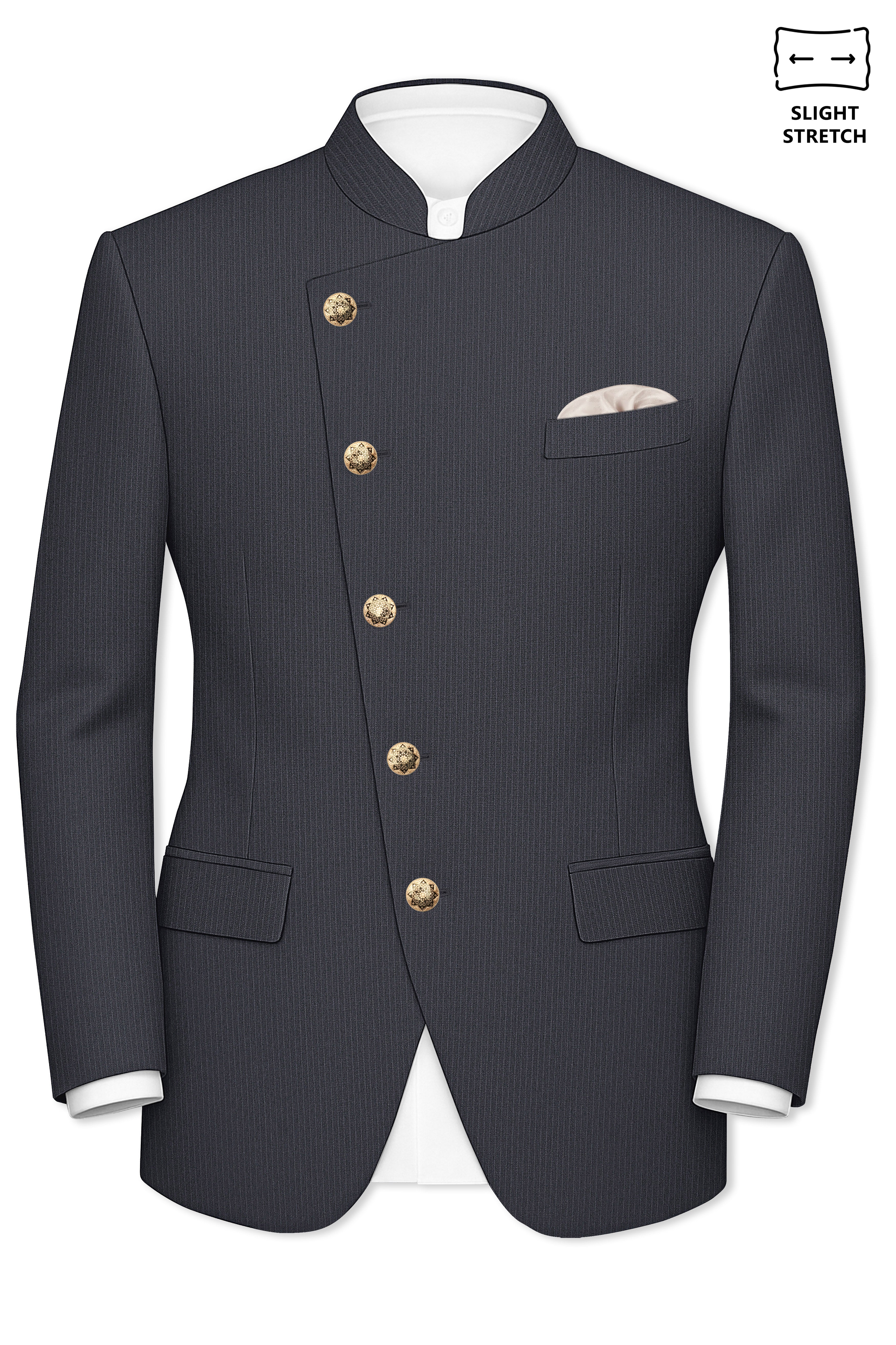 Monvex-Tuna Gray Pencil Striped Wool Rich Slight Stretch Cross Placket Bandhgala Suit