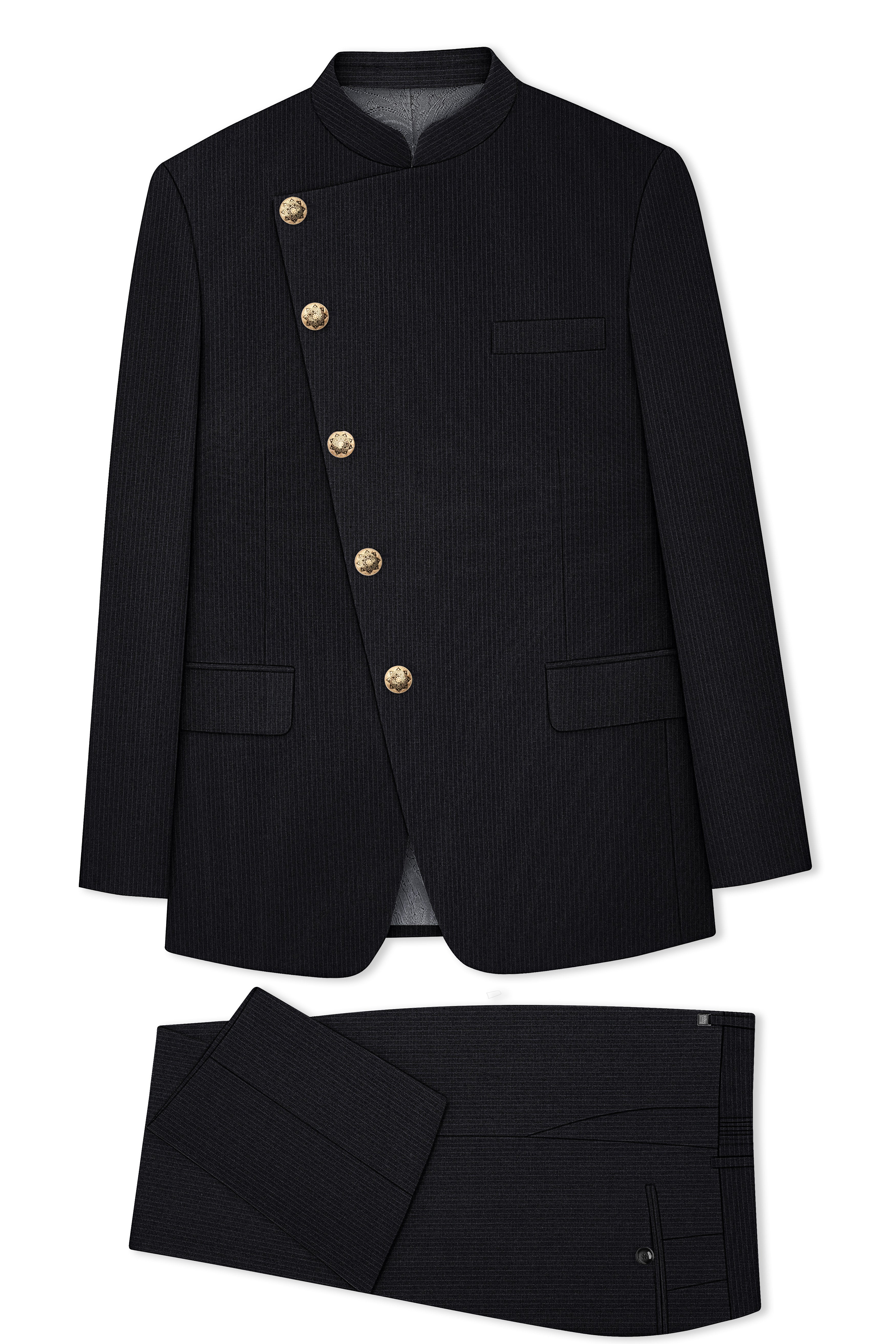 Noir-Jade Black Pencil Striped Wool Rich Slight Stretch Cross Placket Bandhgala Suit